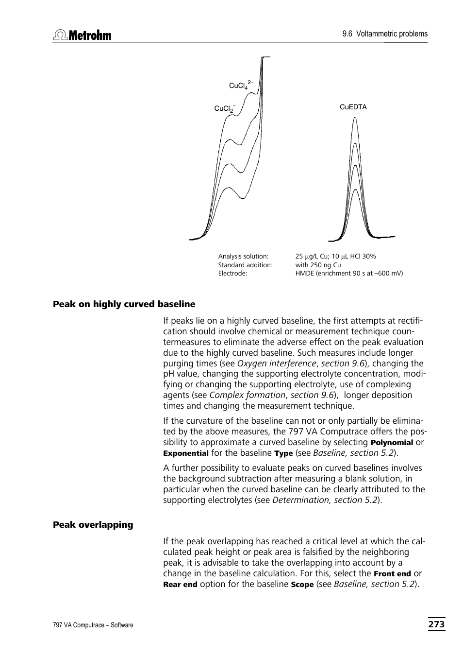 Peak on highly curved baseline, Peak overlapping | Metrohm 797 VA Computrace User Manual | Page 285 / 295