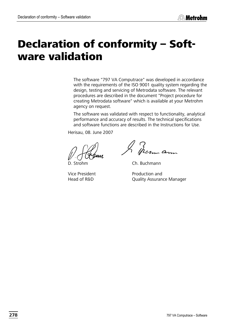 Declaration of conformity – software validation, Declaration of conformity – soft- ware validation | Metrohm 797 VA Computrace User Manual | Page 290 / 295