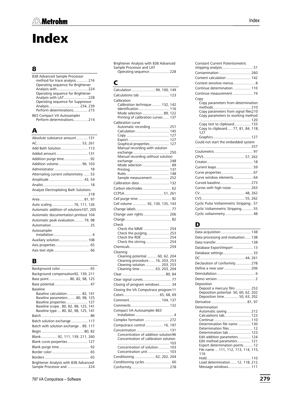 Index | Metrohm 797 VA Computrace User Manual | Page 291 / 295