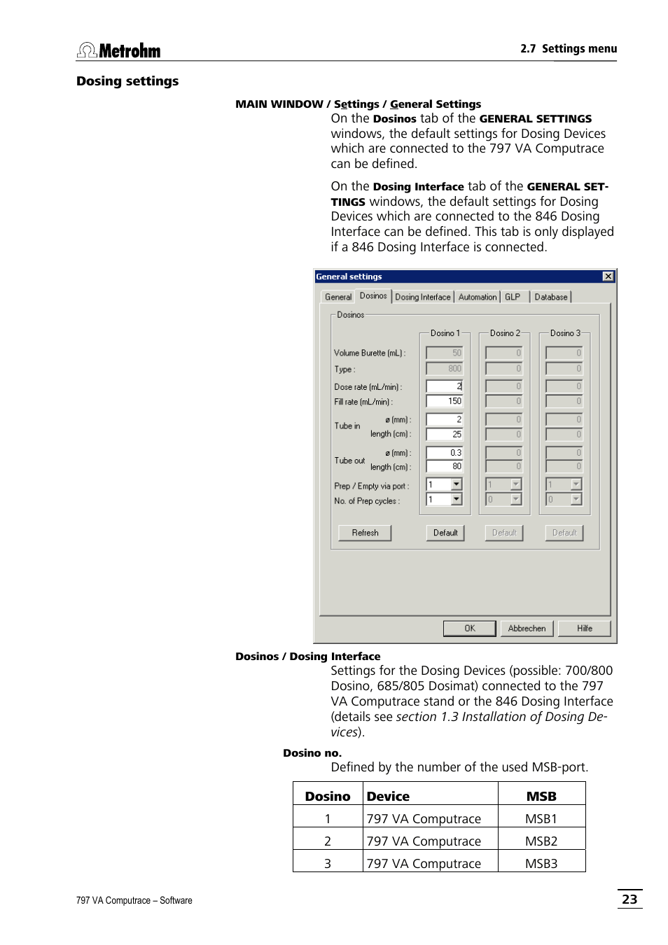Dosing settings | Metrohm 797 VA Computrace User Manual | Page 35 / 295