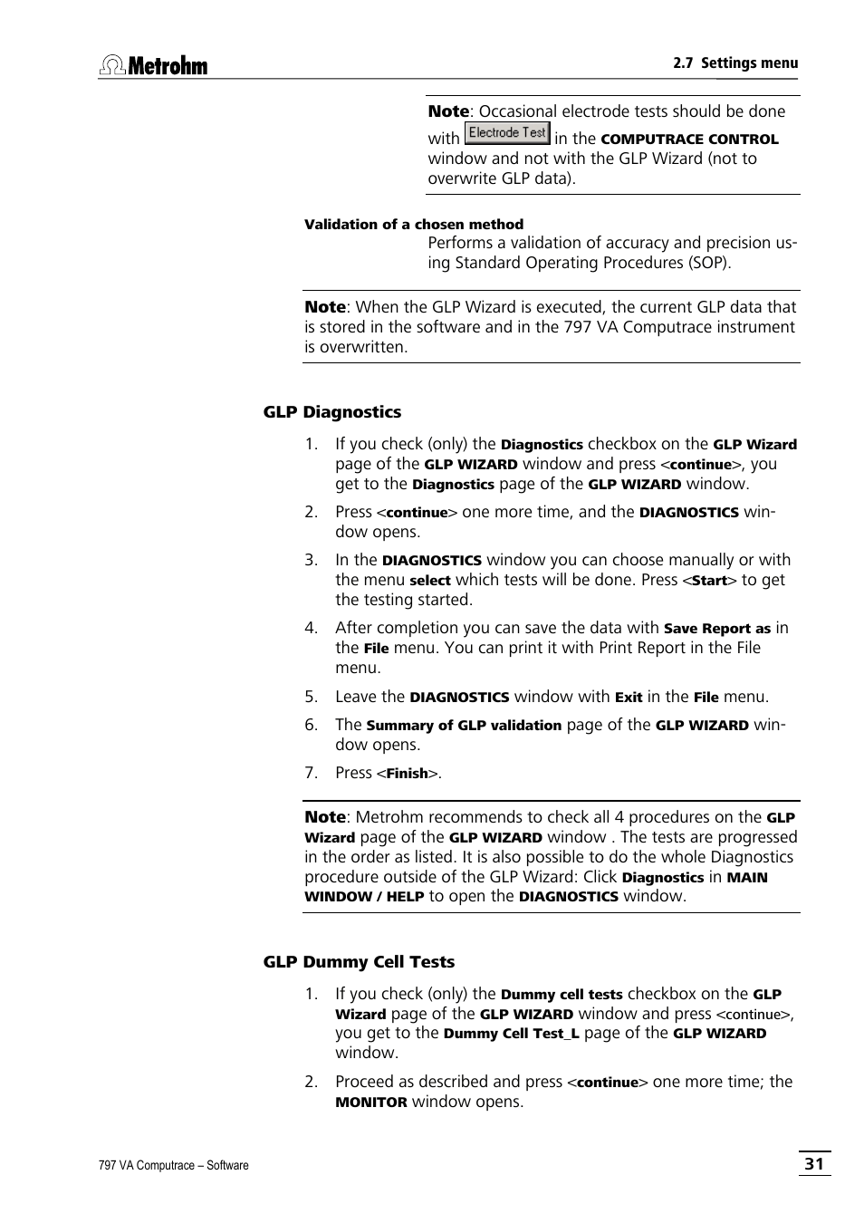 Glp diagnostics, Glp dummy cell tests | Metrohm 797 VA Computrace User Manual | Page 43 / 295