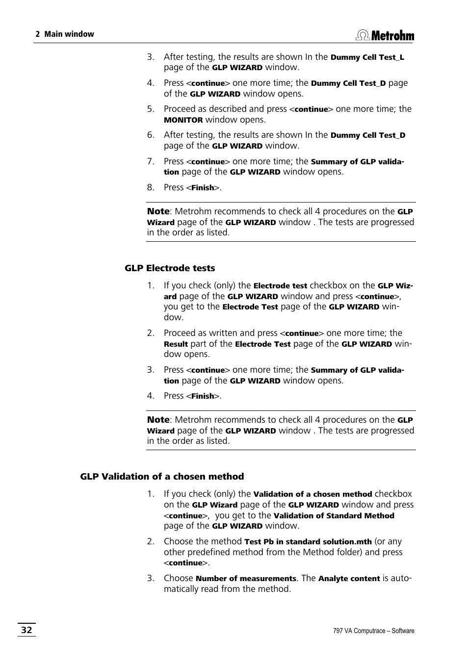 Glp electrode tests, Glp validation of a chosen method | Metrohm 797 VA Computrace User Manual | Page 44 / 295