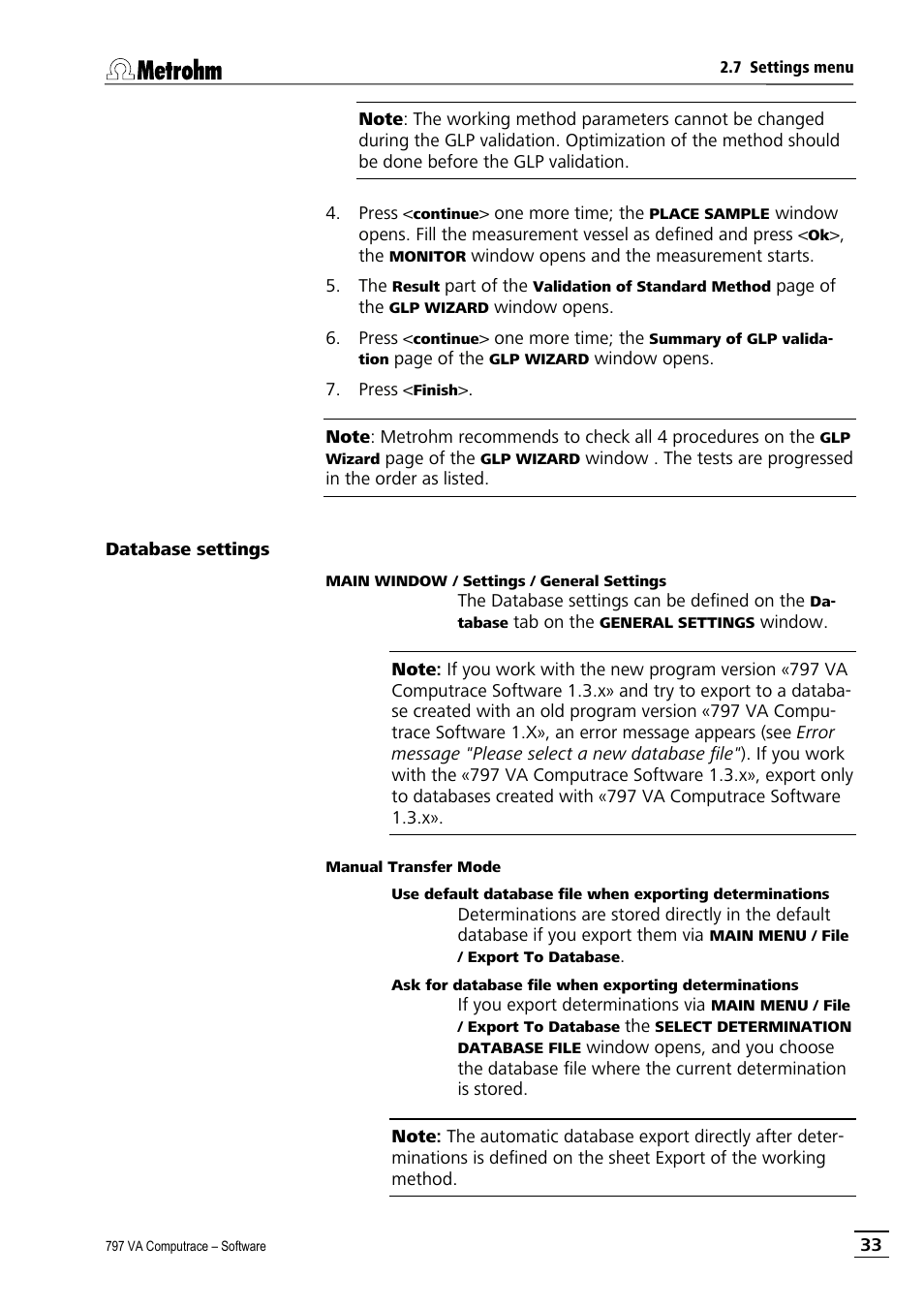 Database settings | Metrohm 797 VA Computrace User Manual | Page 45 / 295