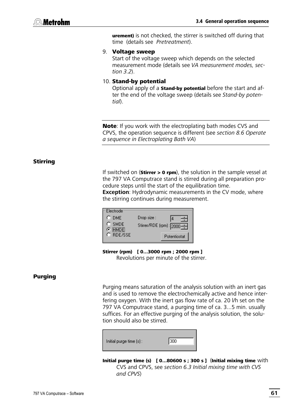 Stirring, Purging, Stirring purging | Metrohm 797 VA Computrace User Manual | Page 73 / 295