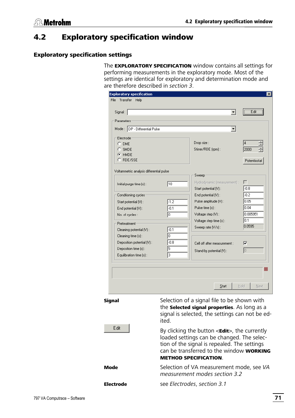 2 exploratory specification window, Exploratory specification settings | Metrohm 797 VA Computrace User Manual | Page 83 / 295