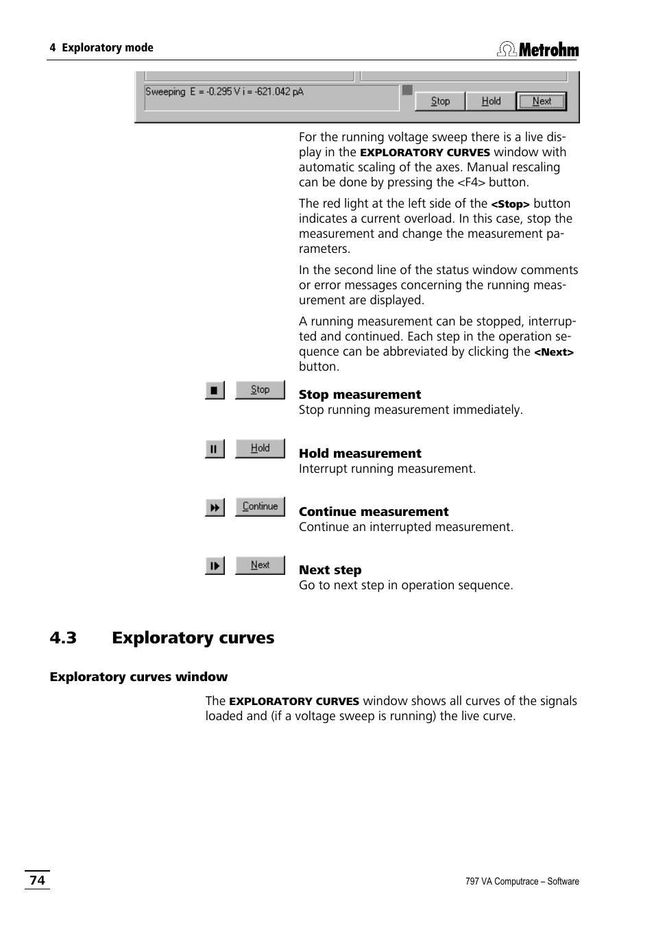3 exploratory curves, Exploratory curves window | Metrohm 797 VA Computrace User Manual | Page 86 / 295