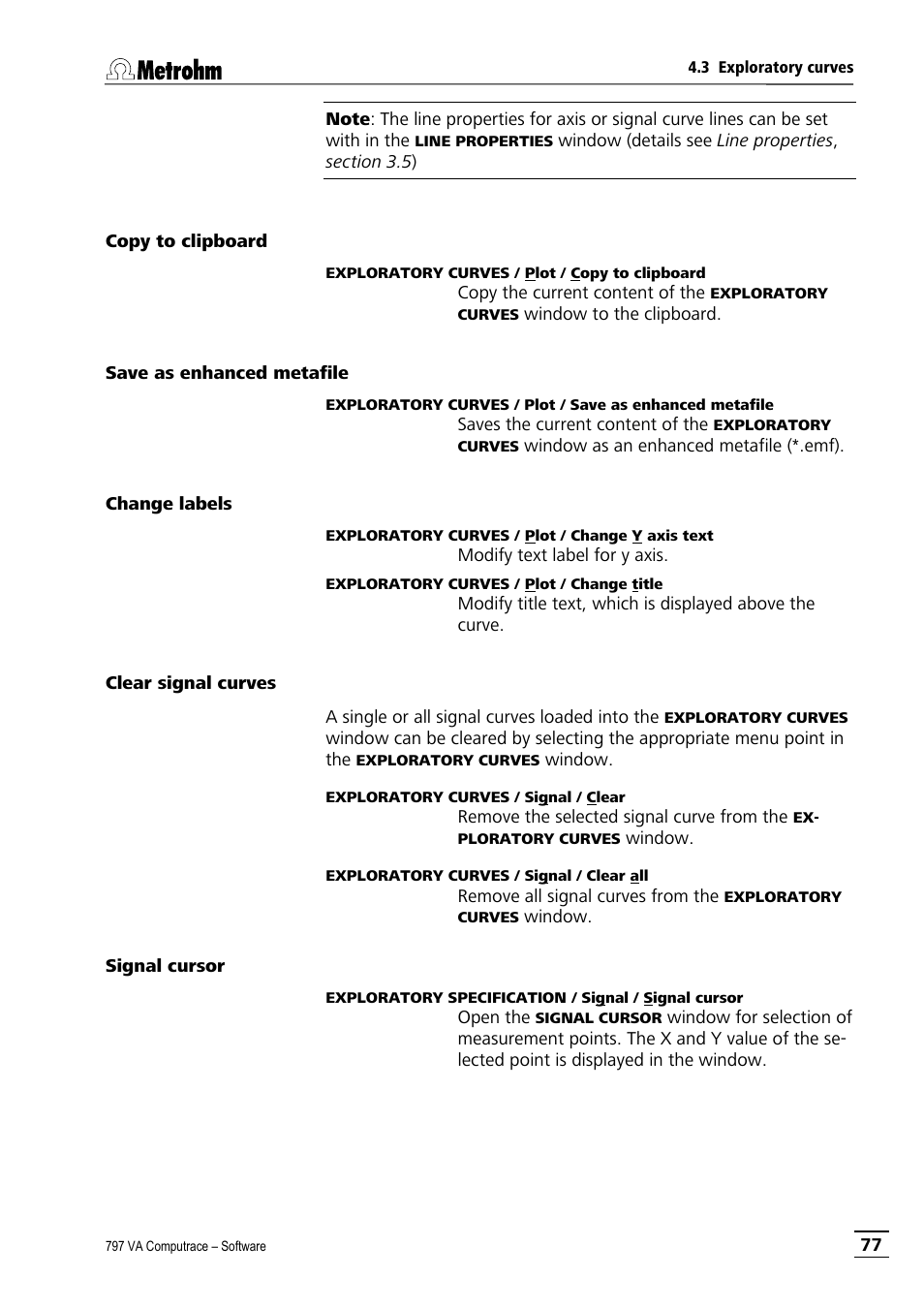 Copy to clipboard, Save as enhanced metafile, Change labels | Clear signal curves, Signal cursor | Metrohm 797 VA Computrace User Manual | Page 89 / 295