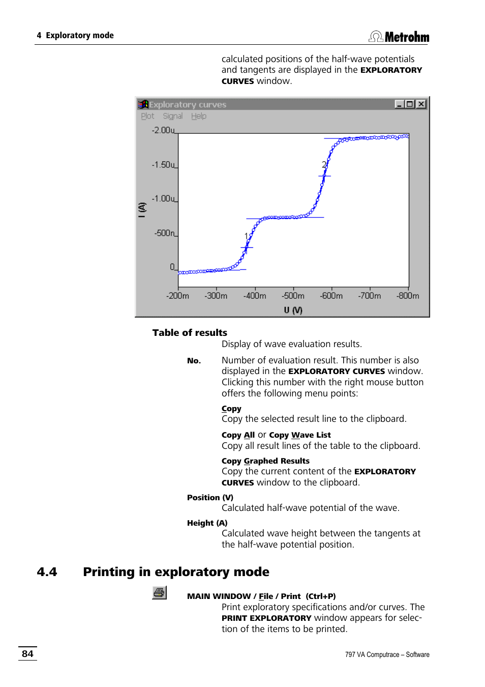 4 printing in exploratory mode | Metrohm 797 VA Computrace User Manual | Page 96 / 295