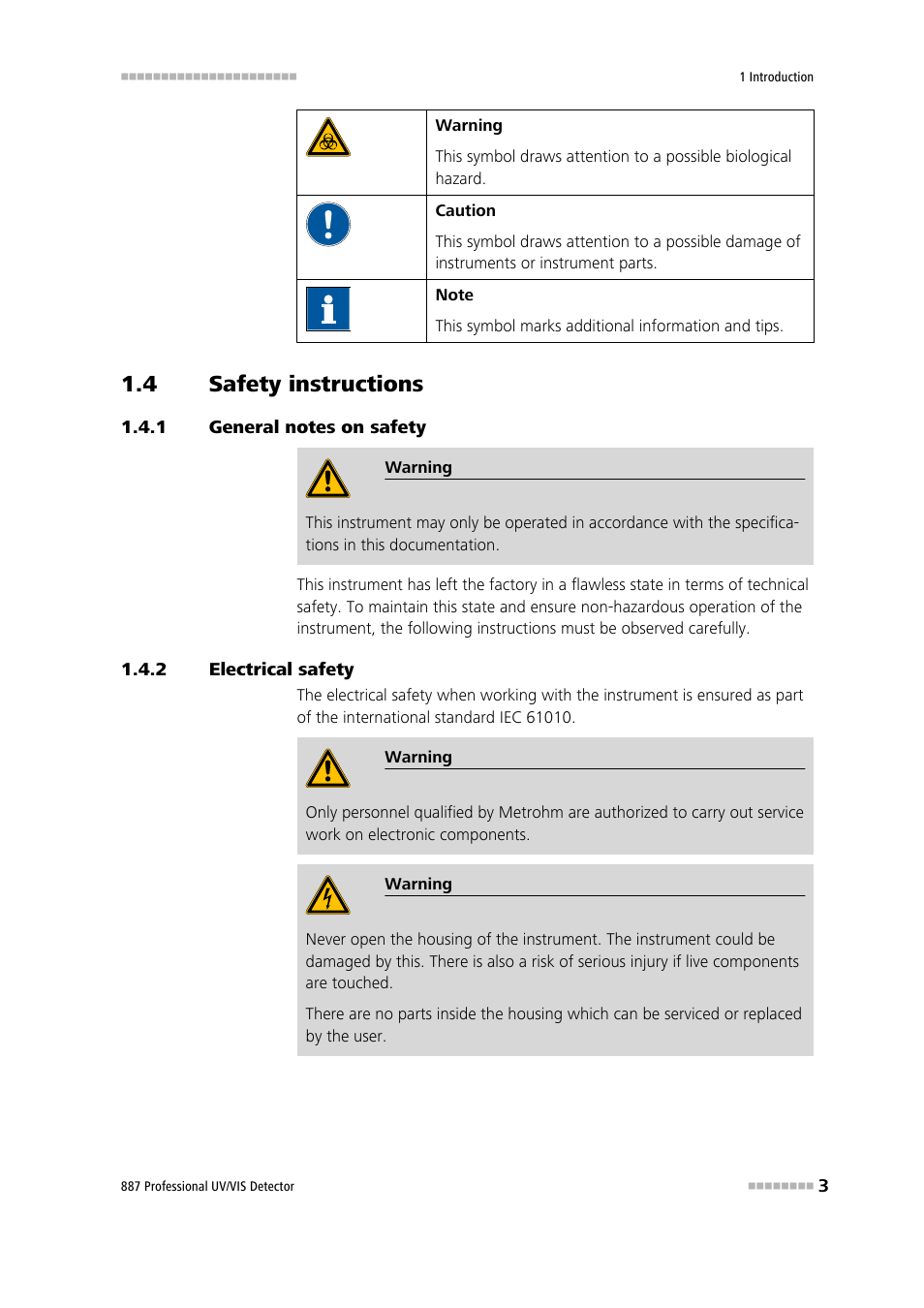 4 safety instructions, 1 general notes on safety, 2 electrical safety | Safety instructions, General notes on safety, Electrical safety | Metrohm 887 Professional UV/VIS Detector User Manual | Page 11 / 57