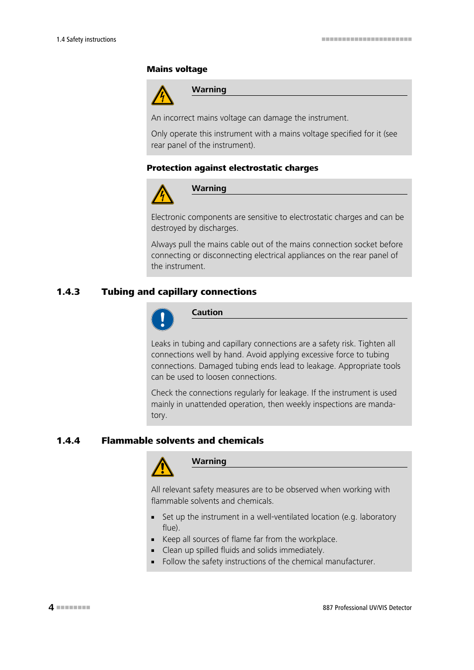 3 tubing and capillary connections, 4 flammable solvents and chemicals, Tubing and capillary connections | Flammable solvents and chemicals | Metrohm 887 Professional UV/VIS Detector User Manual | Page 12 / 57