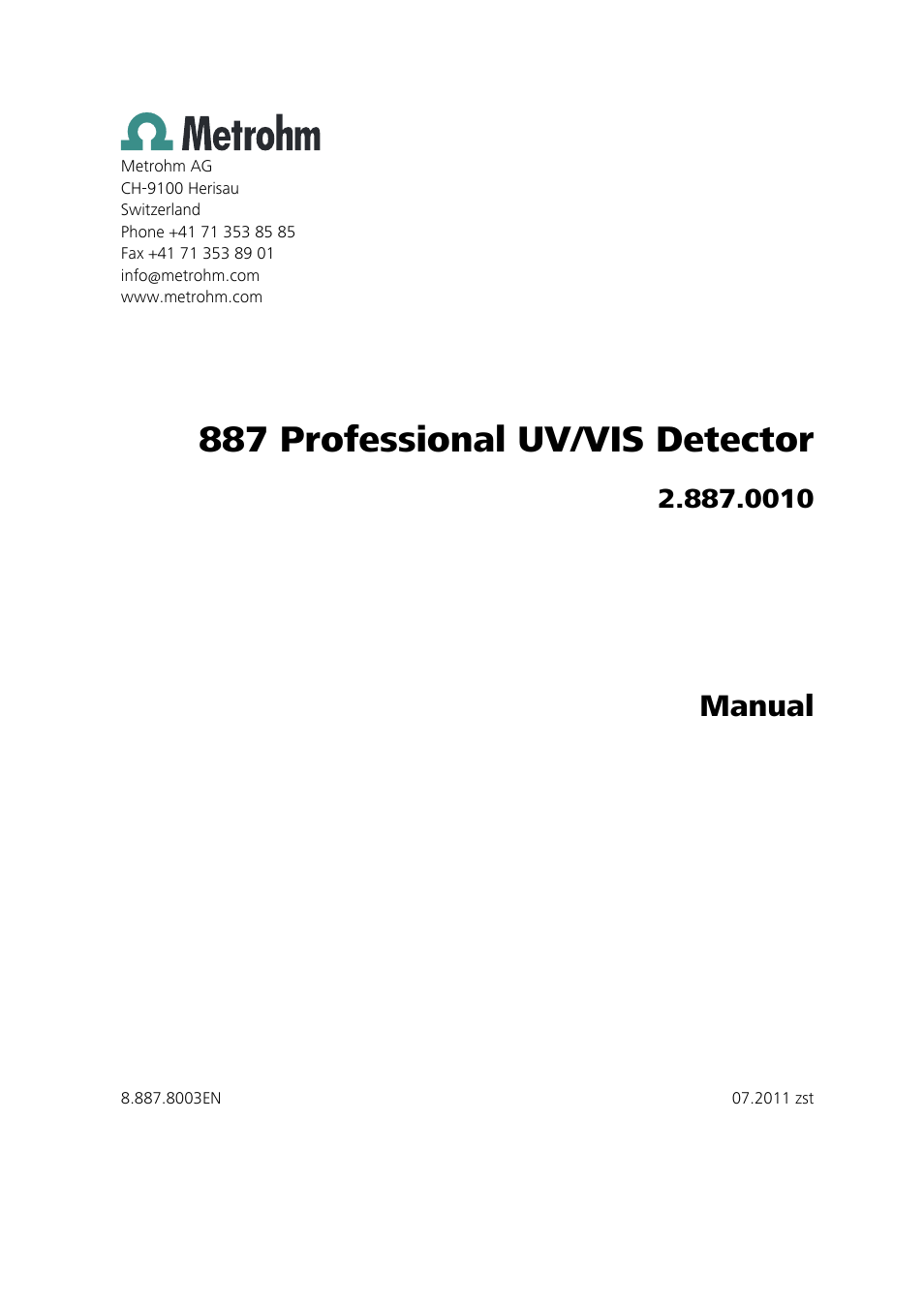 887 professional uv/vis detector, Manual | Metrohm 887 Professional UV/VIS Detector User Manual | Page 3 / 57