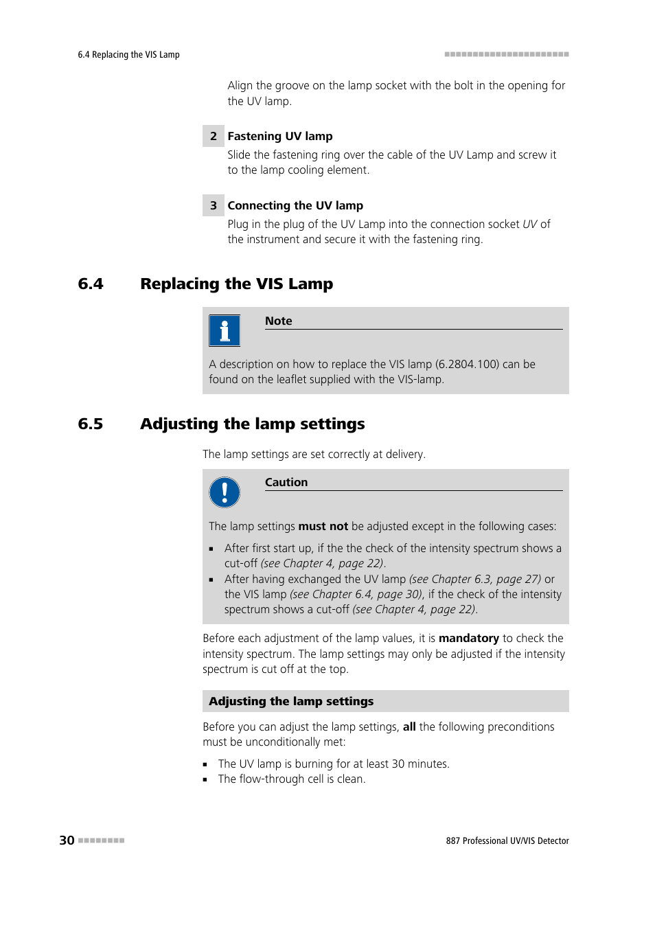 4 replacing the vis lamp, 5 adjusting the lamp settings, Replacing the vis lamp | Adjusting the lamp settings | Metrohm 887 Professional UV/VIS Detector User Manual | Page 38 / 57