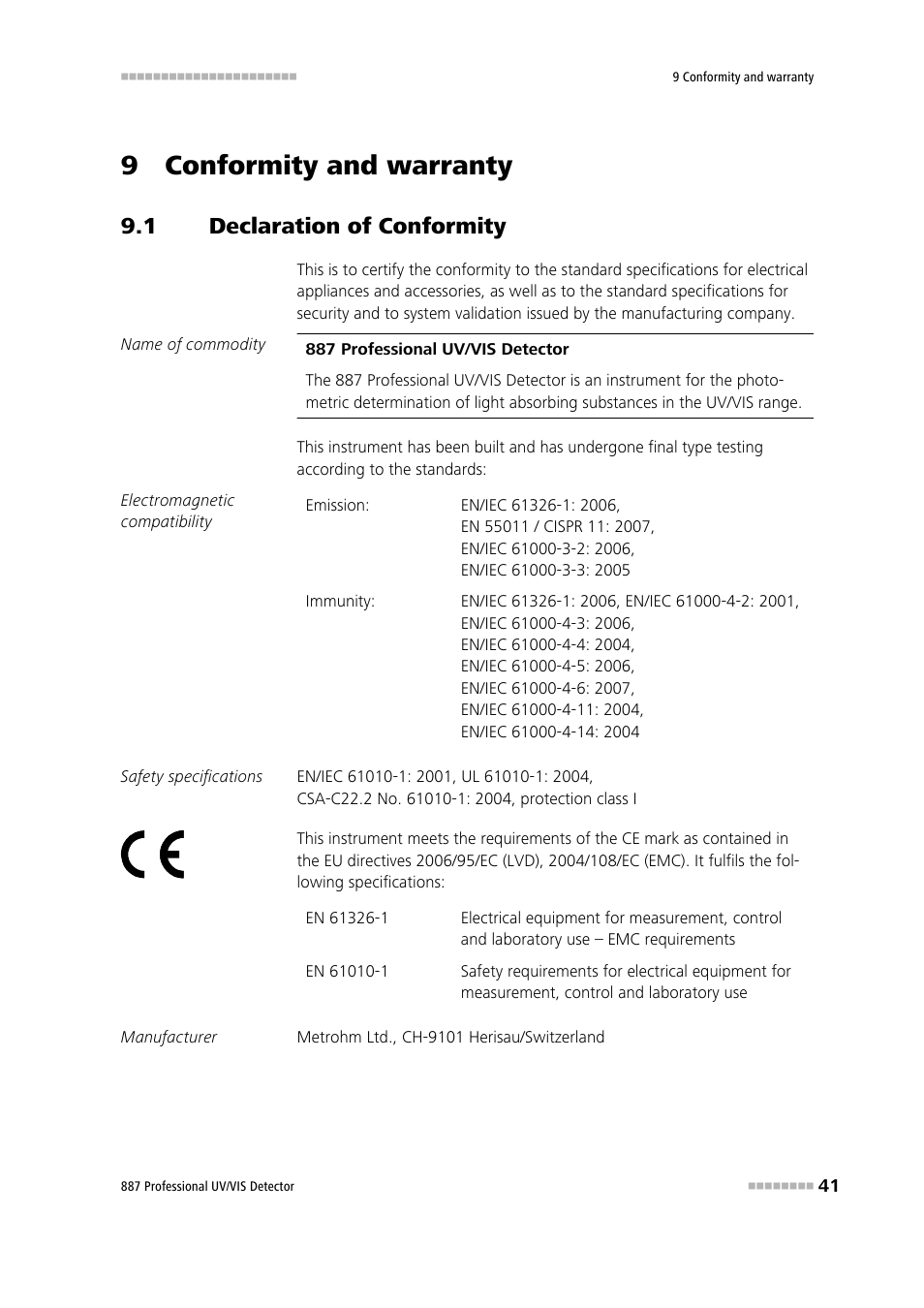 9 conformity and warranty, 1 declaration of conformity, Declaration of conformity | Metrohm 887 Professional UV/VIS Detector User Manual | Page 49 / 57
