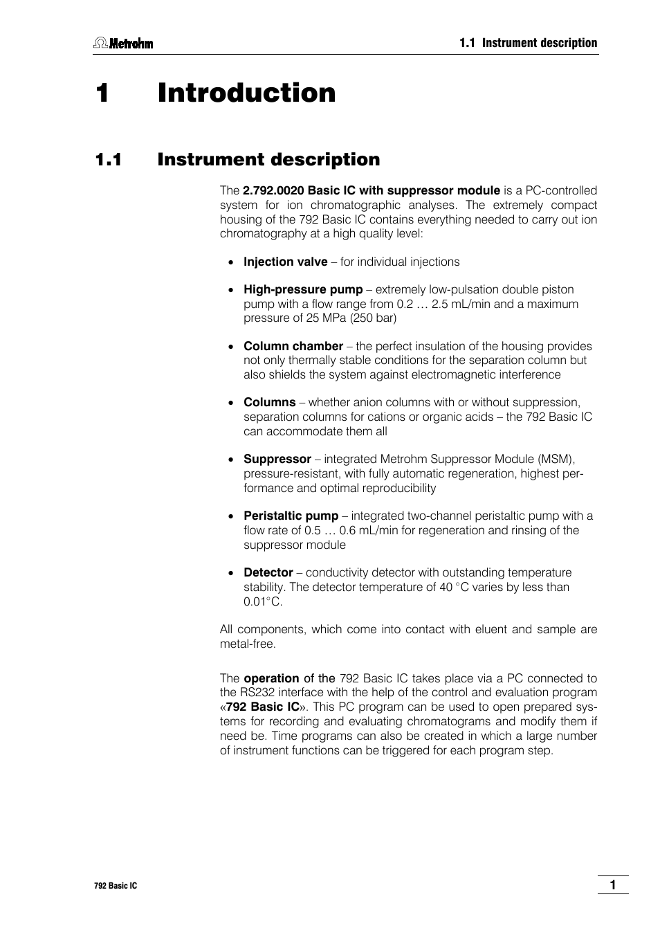 1 introduction, 1 instrument description | Metrohm 792 Basic IC User Manual | Page 10 / 197