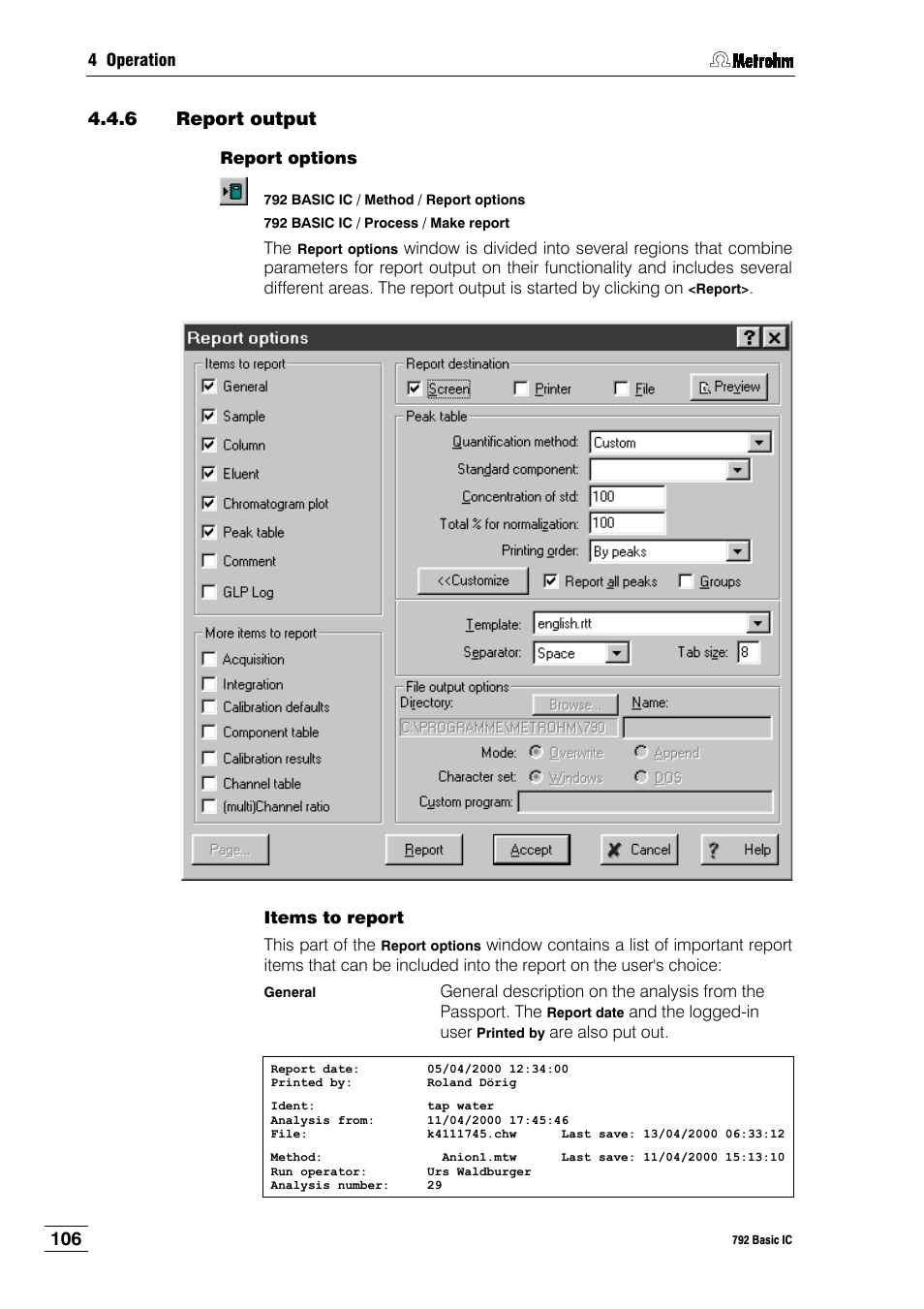 6 report output | Metrohm 792 Basic IC User Manual | Page 115 / 197