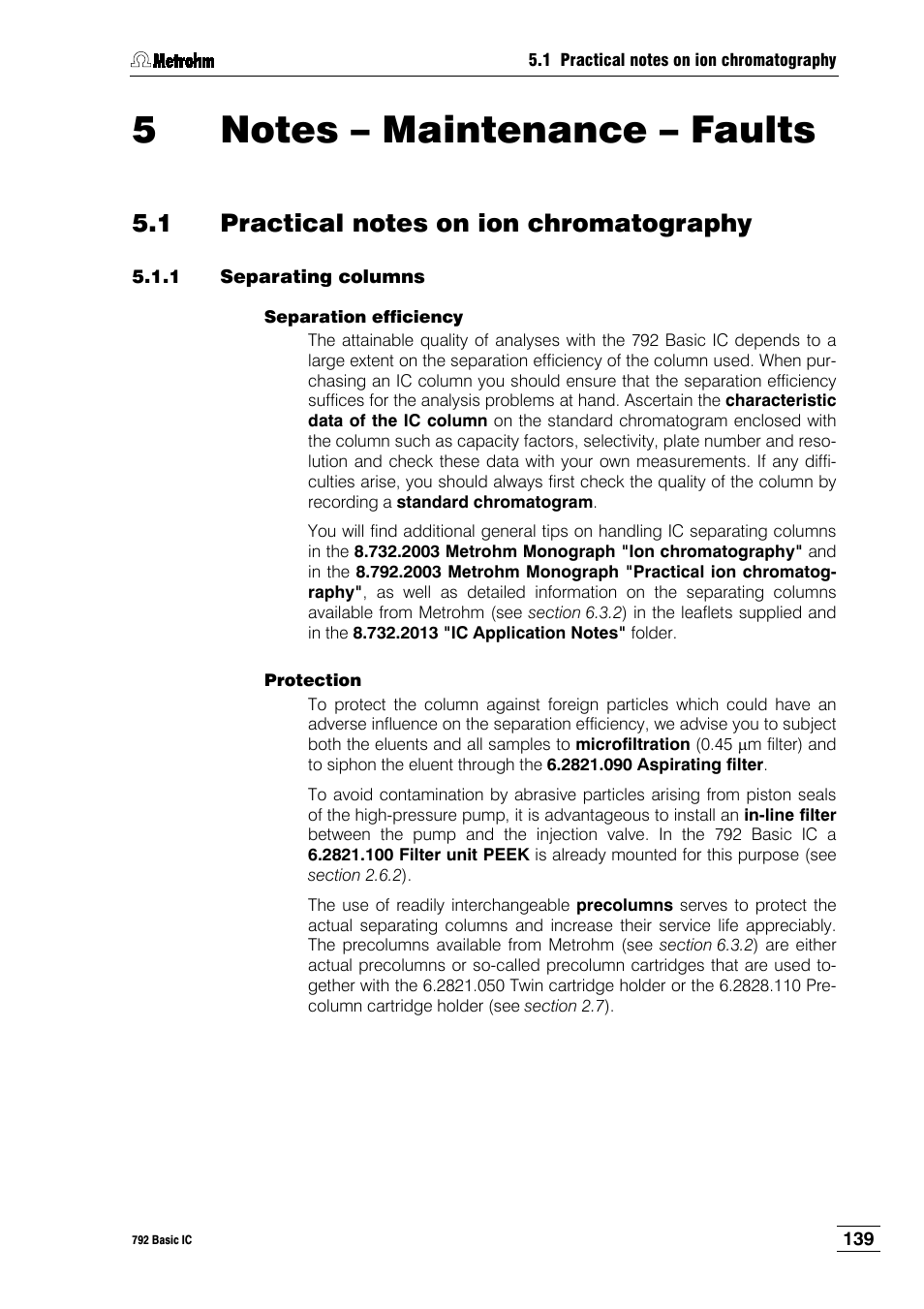 5 notes – maintenance – faults, 1 practical notes on ion chromatography, 1 separating columns | Metrohm 792 Basic IC User Manual | Page 148 / 197