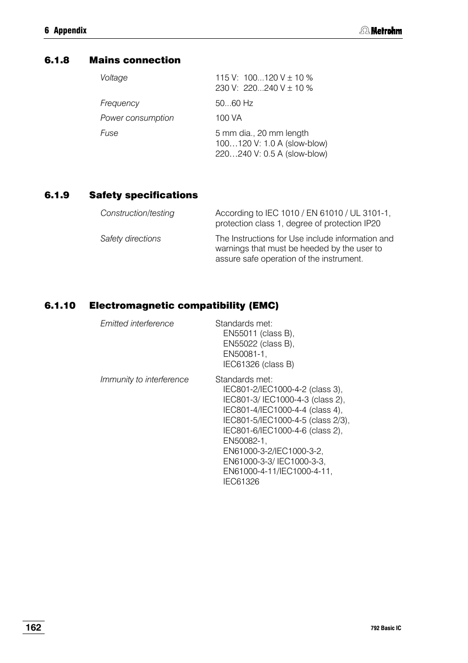 8 mains connection, 9 safety specifications, 10 electromagnetic compatibility (emc) | Metrohm 792 Basic IC User Manual | Page 171 / 197