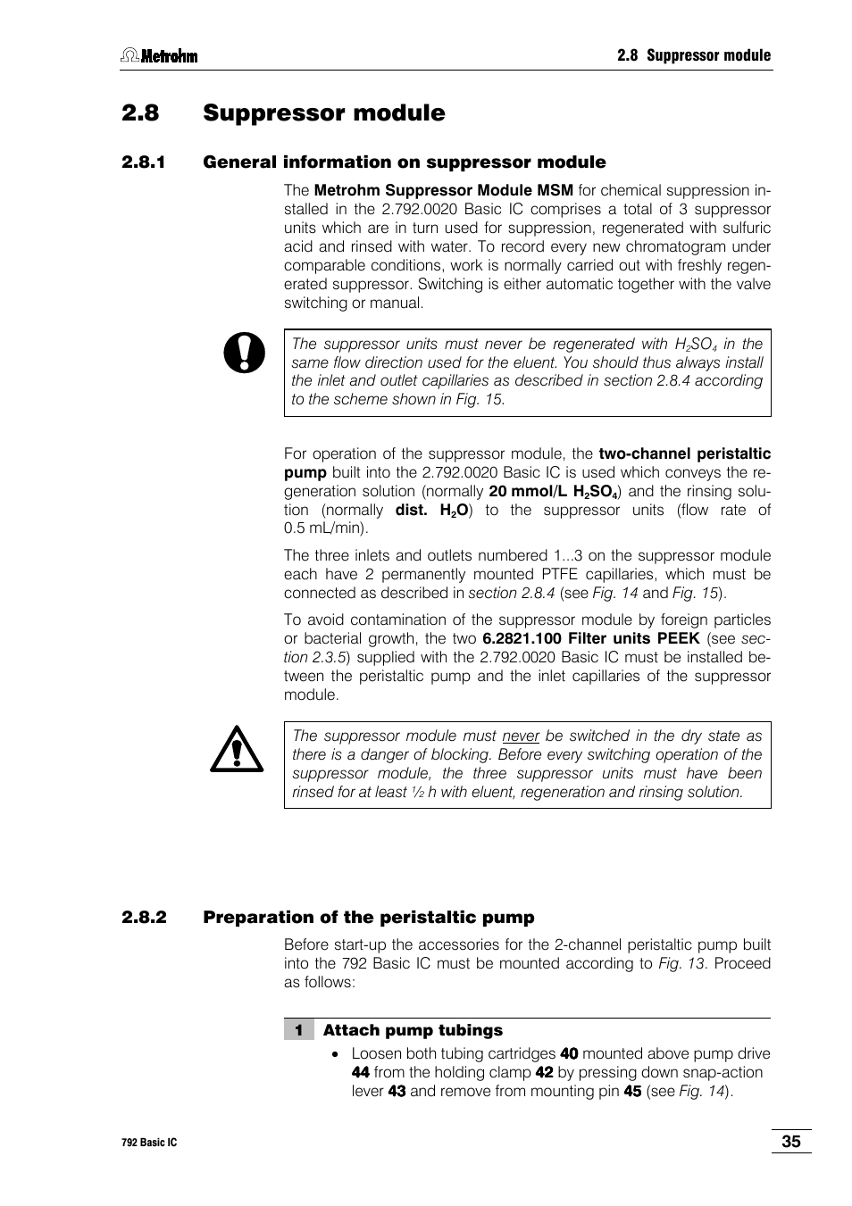 8 suppressor module, 1 general information on suppressor module, 2 preparation of the peristaltic pump | Metrohm 792 Basic IC User Manual | Page 44 / 197