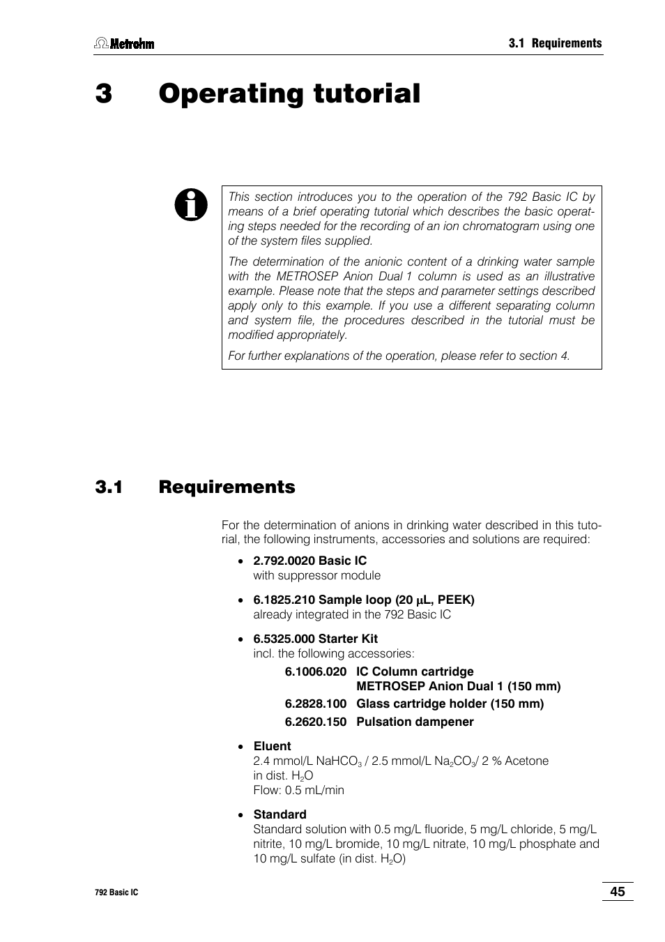 3 operating tutorial, 1 requirements | Metrohm 792 Basic IC User Manual | Page 54 / 197