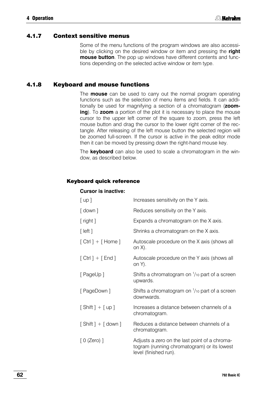 7 context sensitive menus, 8 keyboard and mouse functions | Metrohm 792 Basic IC User Manual | Page 71 / 197