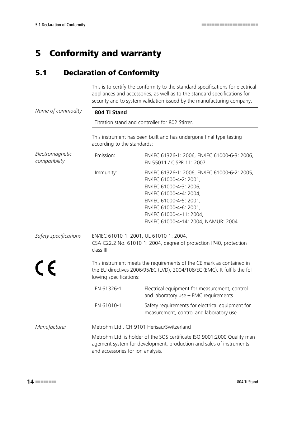 5 conformity and warranty, 1 declaration of conformity, Declaration of conformity | Metrohm 804 TI Stand User Manual | Page 22 / 27