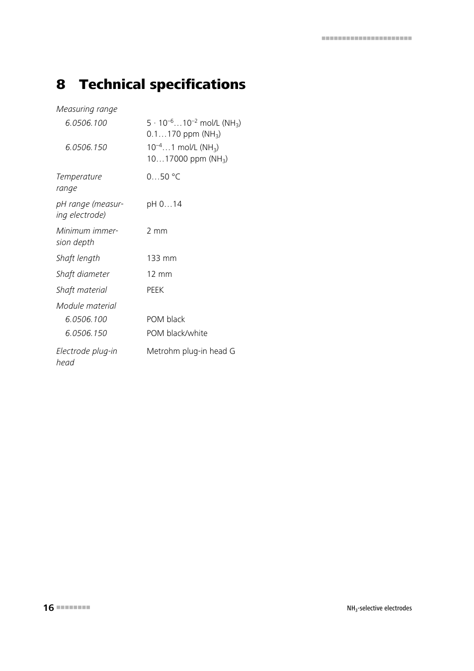 8 technical specifications | Metrohm NH3-selective electrodes User Manual | Page 22 / 25