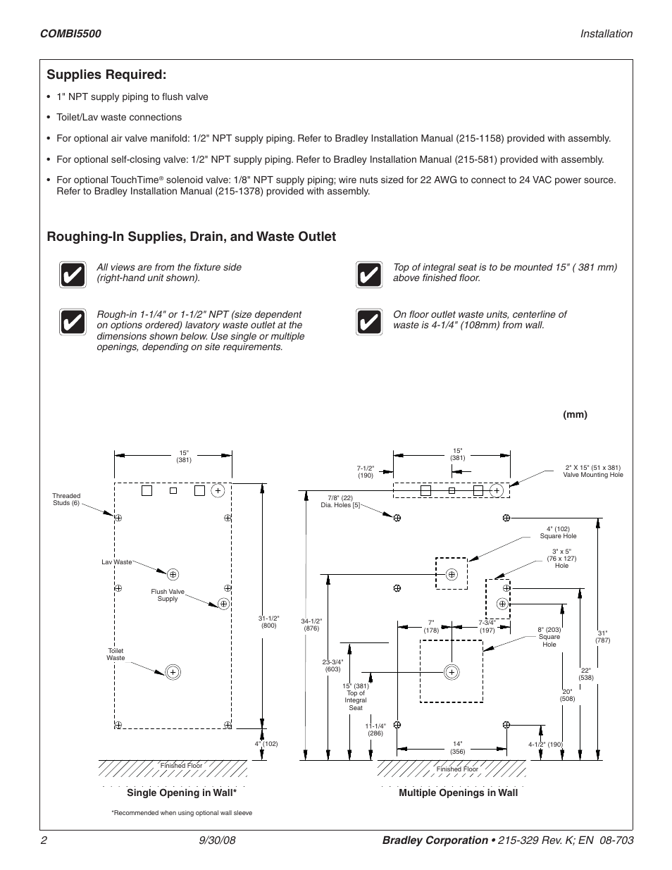 Supplies required, Roughing-in supplies, drain, and waste outlet | Bradley Brand Furniture COMBI5500 User Manual | Page 2 / 4