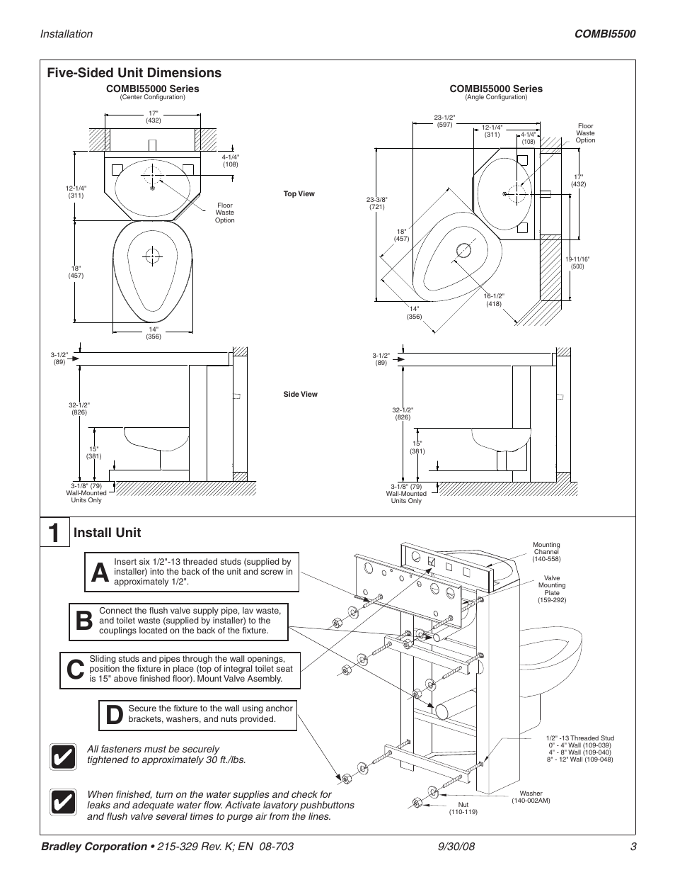 Five-sided unit dimensions, Install unit | Bradley Brand Furniture COMBI5500 User Manual | Page 3 / 4