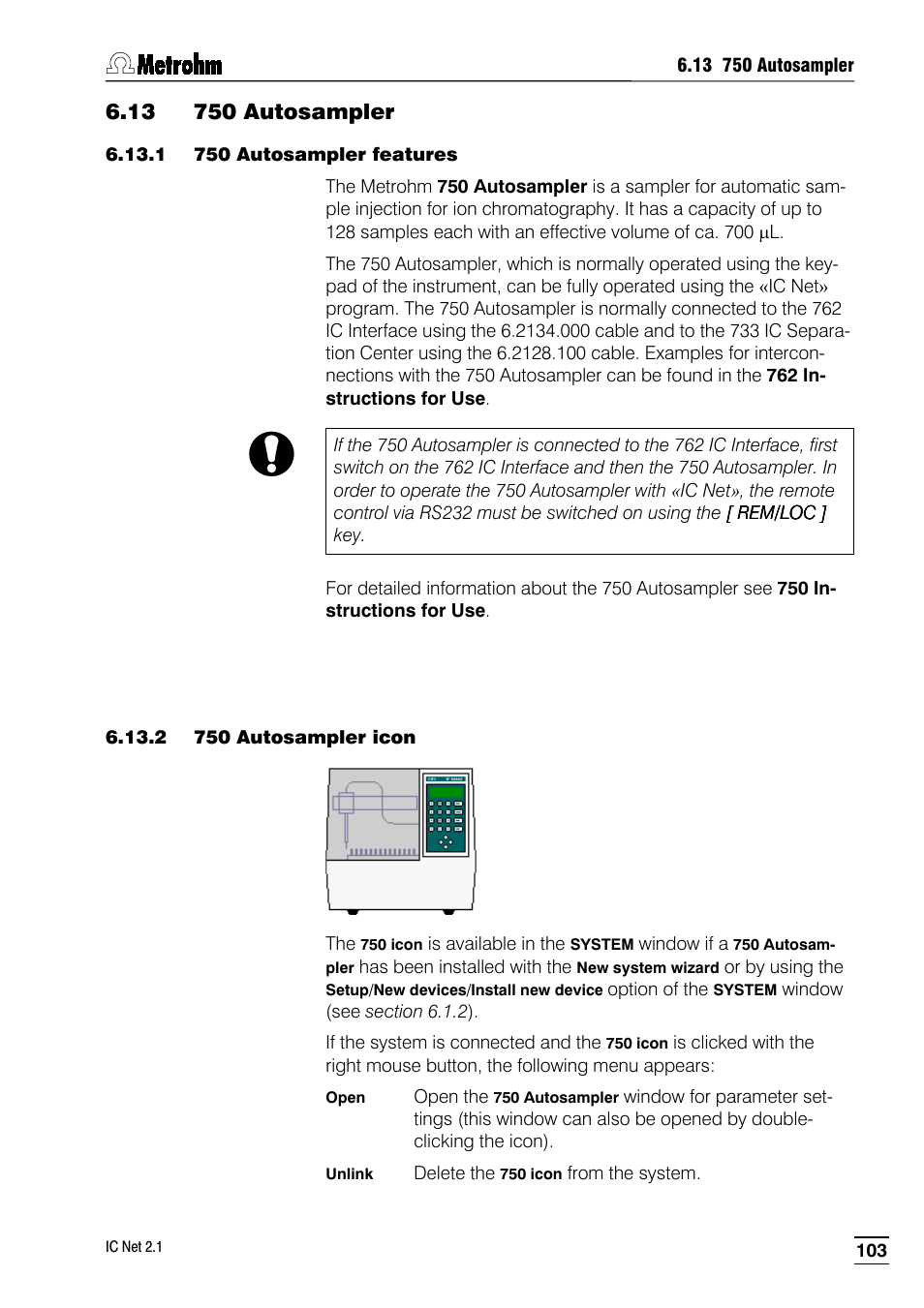 13 750 autosampler, 1 750 autosampler features, 2 750 autosampler icon | Metrohm IC Net 2.1 User Manual | Page 111 / 228