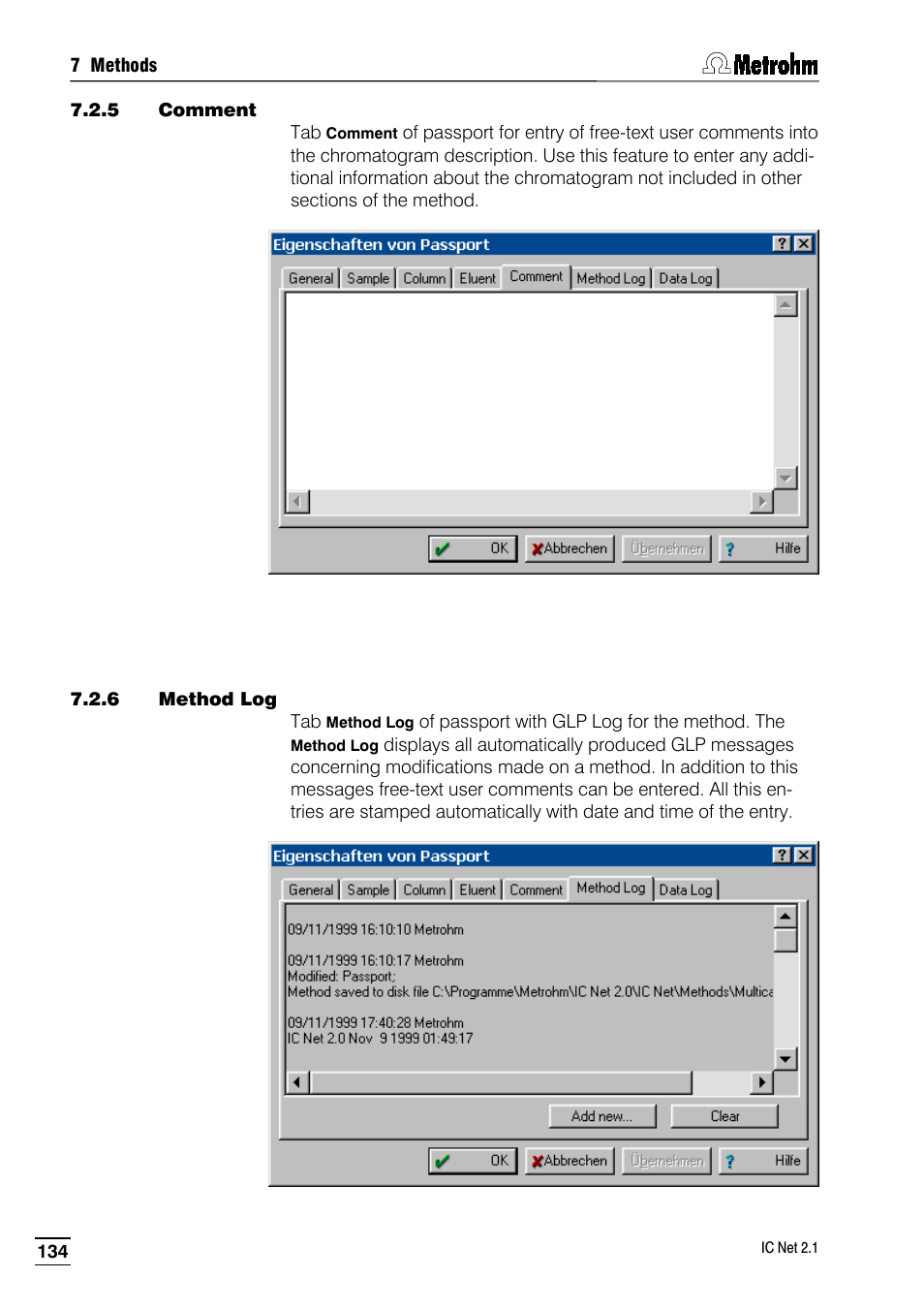 5 comment, 6 method log | Metrohm IC Net 2.1 User Manual | Page 142 / 228
