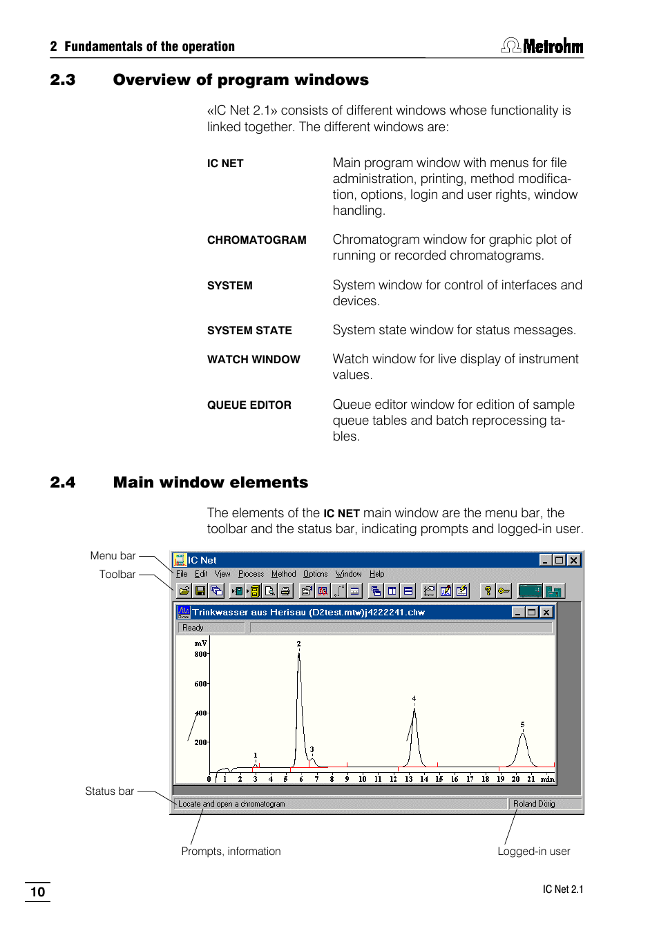 3 overview of program windows, 4 main window elements | Metrohm IC Net 2.1 User Manual | Page 18 / 228