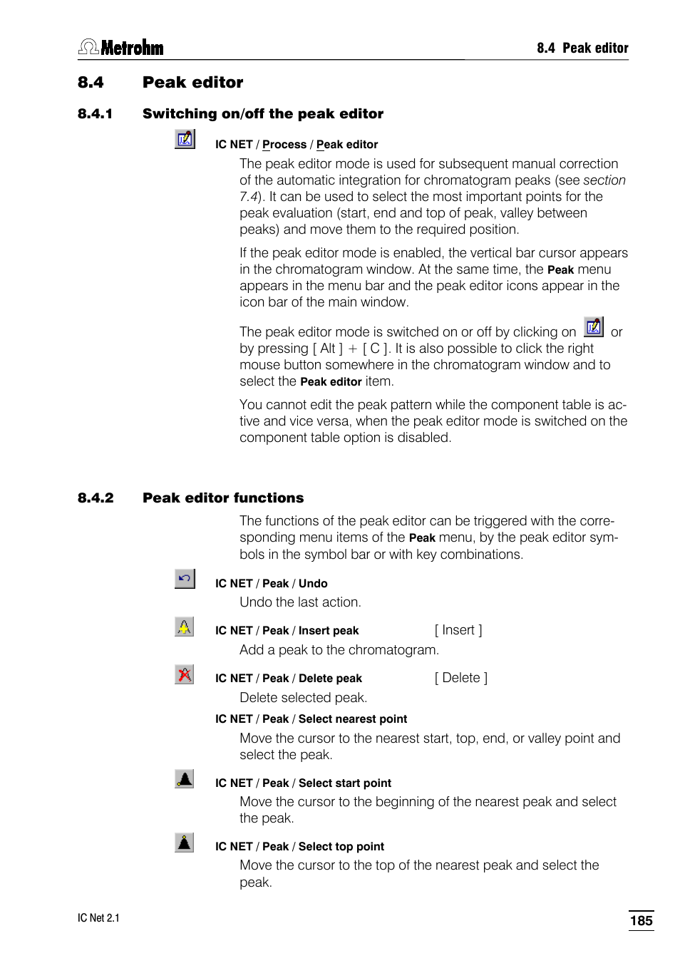 4 peak editor, 1 switching on/off the peak editor, 2 peak editor functions | Metrohm IC Net 2.1 User Manual | Page 193 / 228