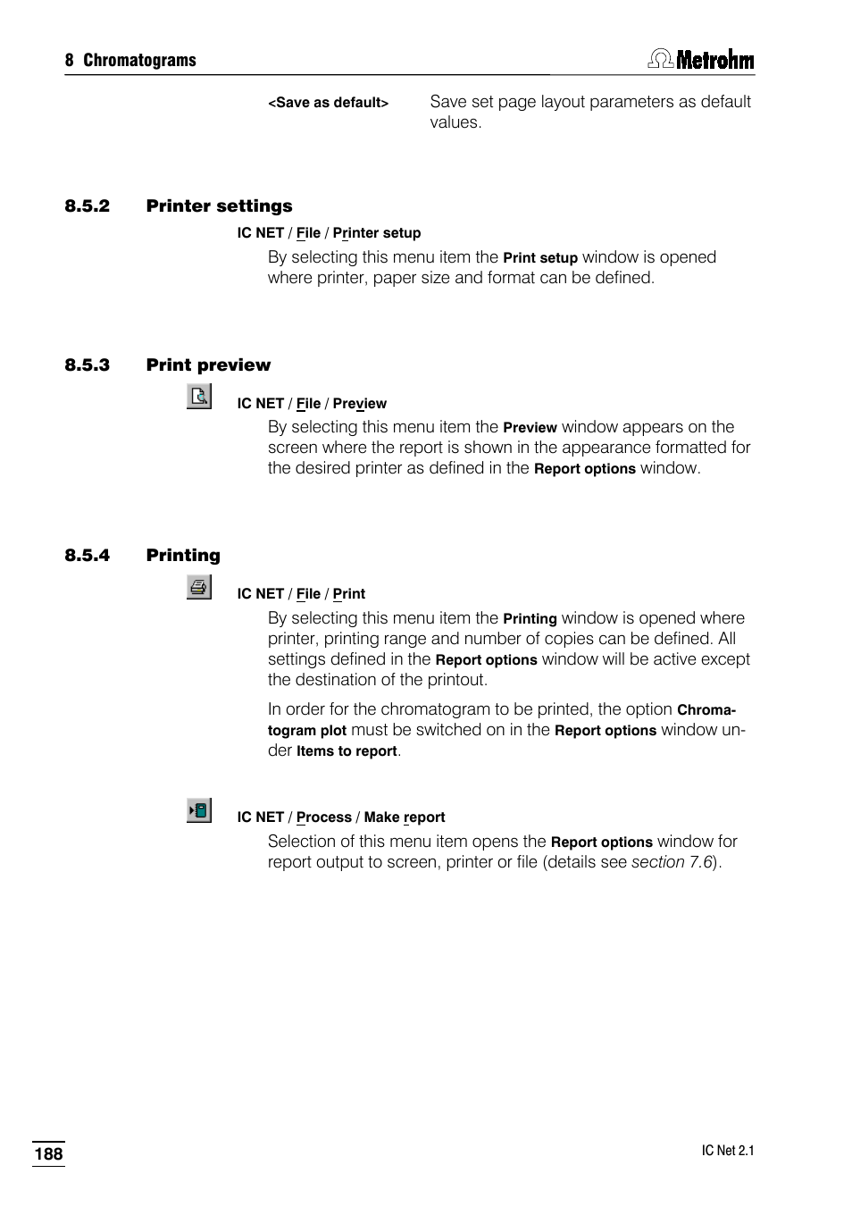 2 printer settings, 3 print preview, 4 printing | Metrohm IC Net 2.1 User Manual | Page 196 / 228