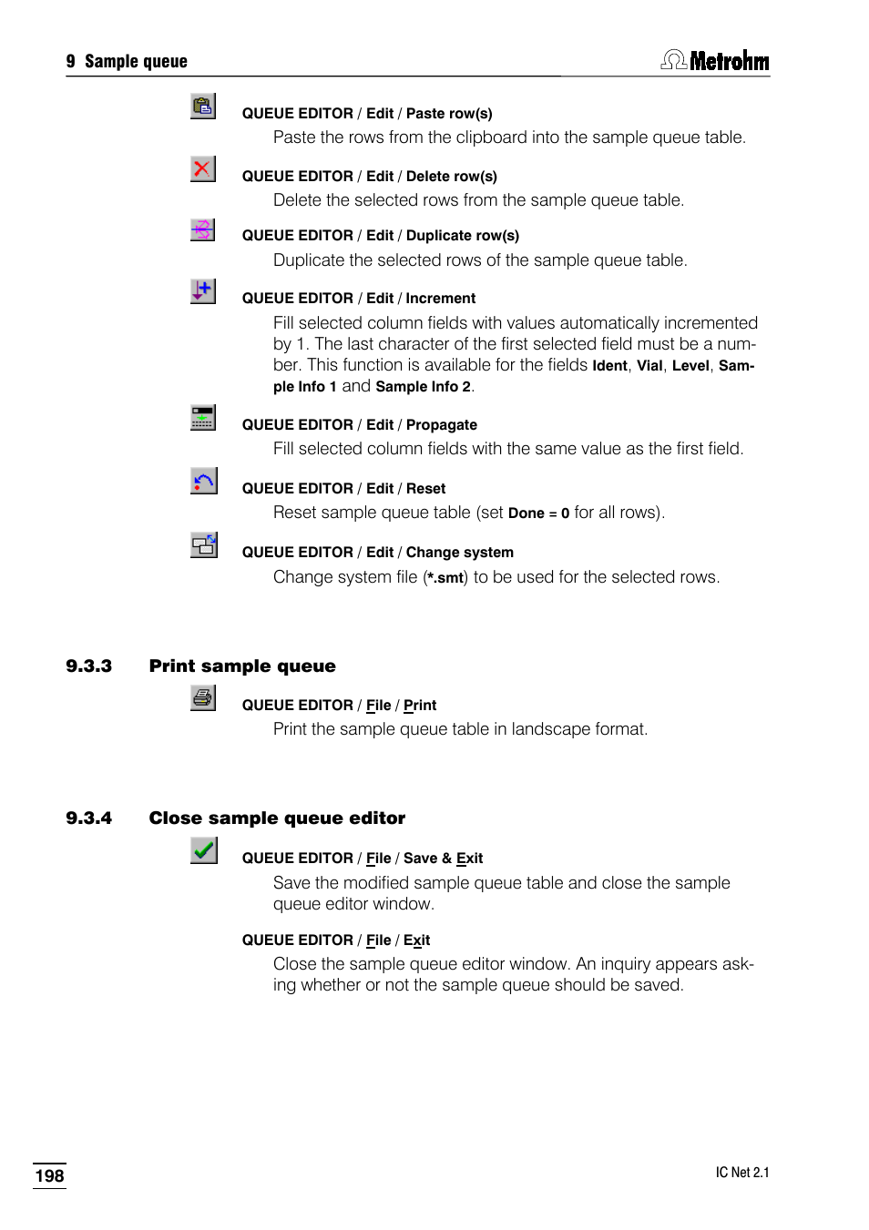 3 print sample queue, 4 close sample queue editor | Metrohm IC Net 2.1 User Manual | Page 206 / 228