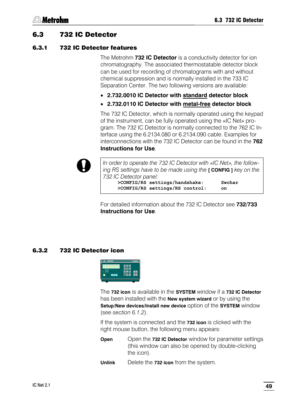 3 732 ic detector, 1 732 ic detector features, 2 732 ic detector icon | Metrohm IC Net 2.1 User Manual | Page 57 / 228