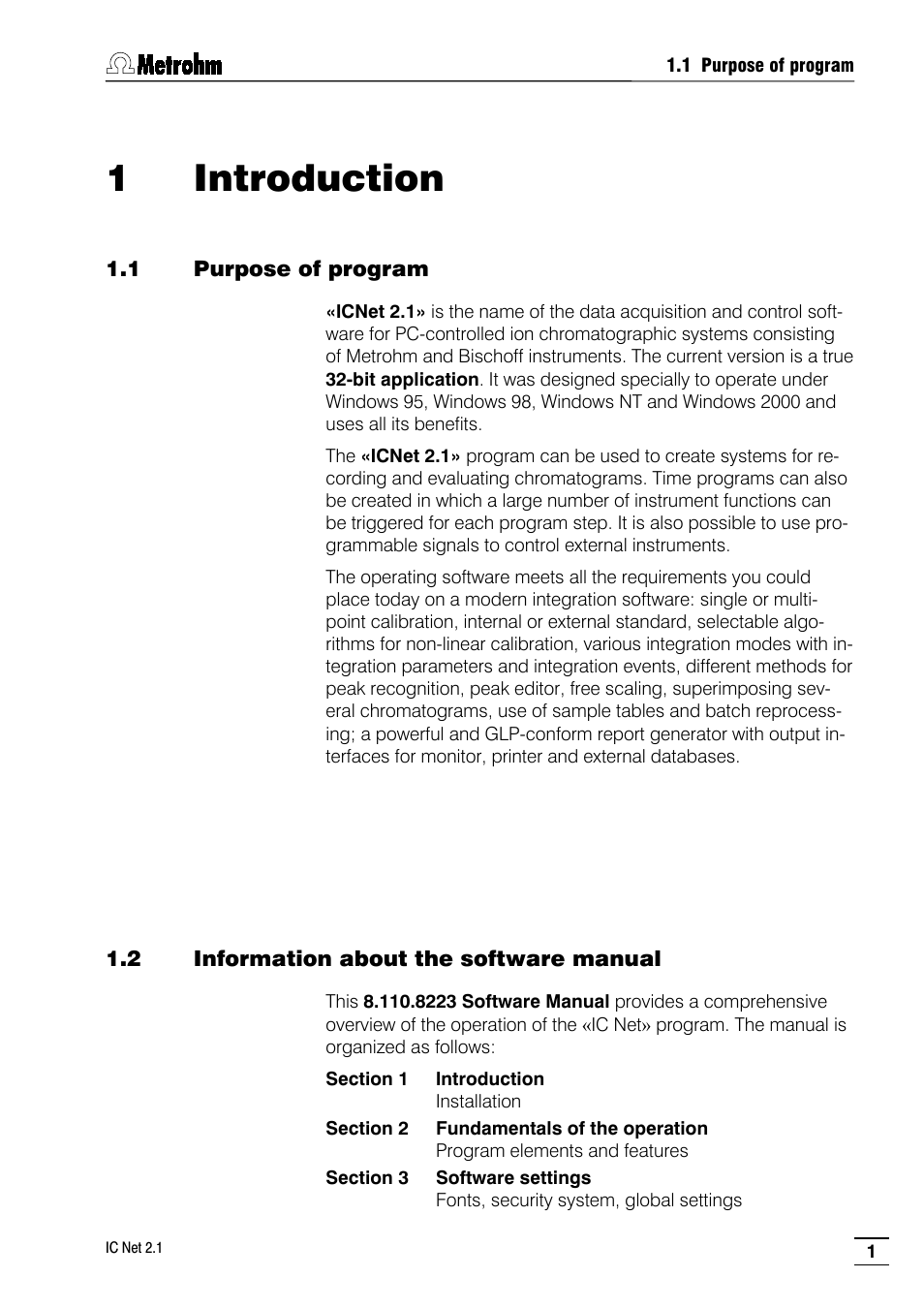1 introduction, 1 purpose of program, 2 information about the software manual | Metrohm IC Net 2.1 User Manual | Page 9 / 228