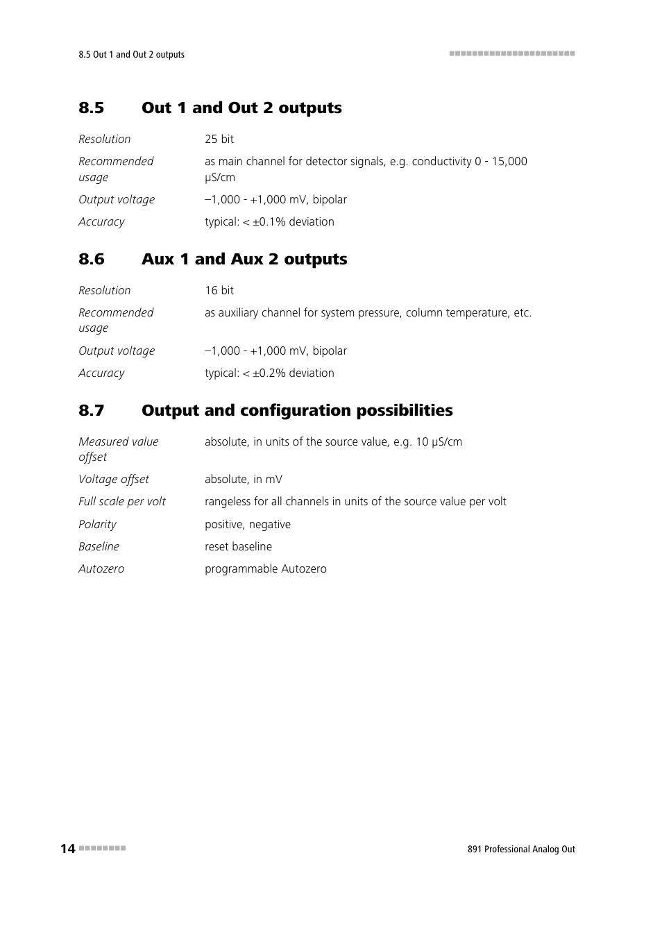 5 out 1 and out 2 outputs, 6 aux 1 and aux 2 outputs, 7 output and configuration possibilities | Out 1 and out 2 outputs, Aux 1 and aux 2 outputs, Output and configuration possibilities | Metrohm 891 Professional Analog Out User Manual | Page 20 / 26