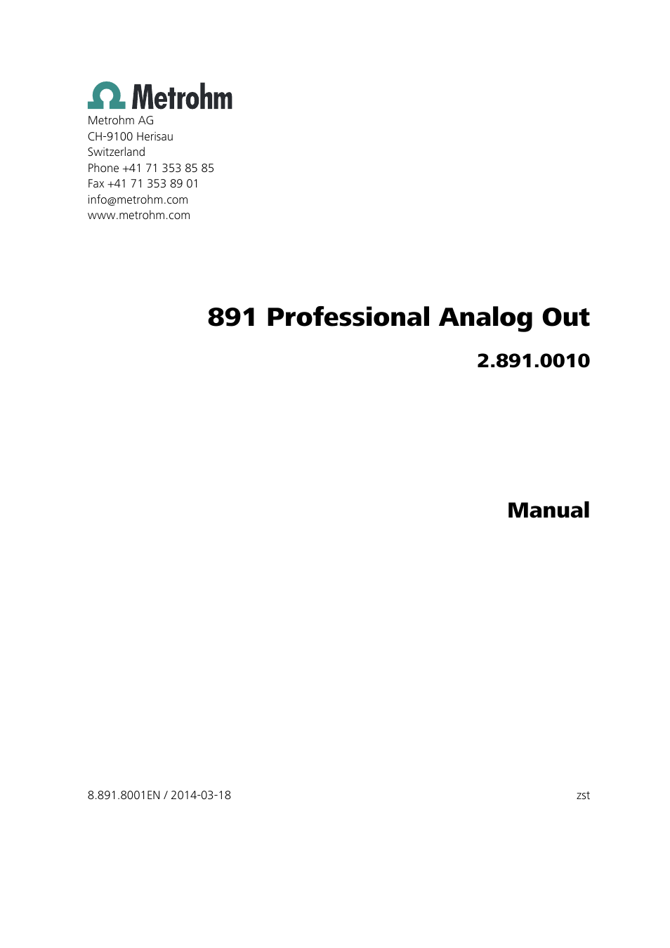 891 professional analog out, Manual | Metrohm 891 Professional Analog Out User Manual | Page 3 / 26