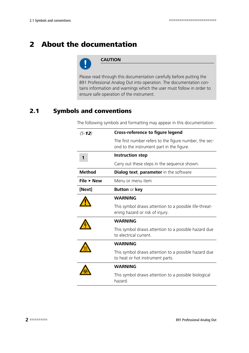 2 about the documentation, 1 symbols and conventions, Symbols and conventions | Metrohm 891 Professional Analog Out User Manual | Page 8 / 26