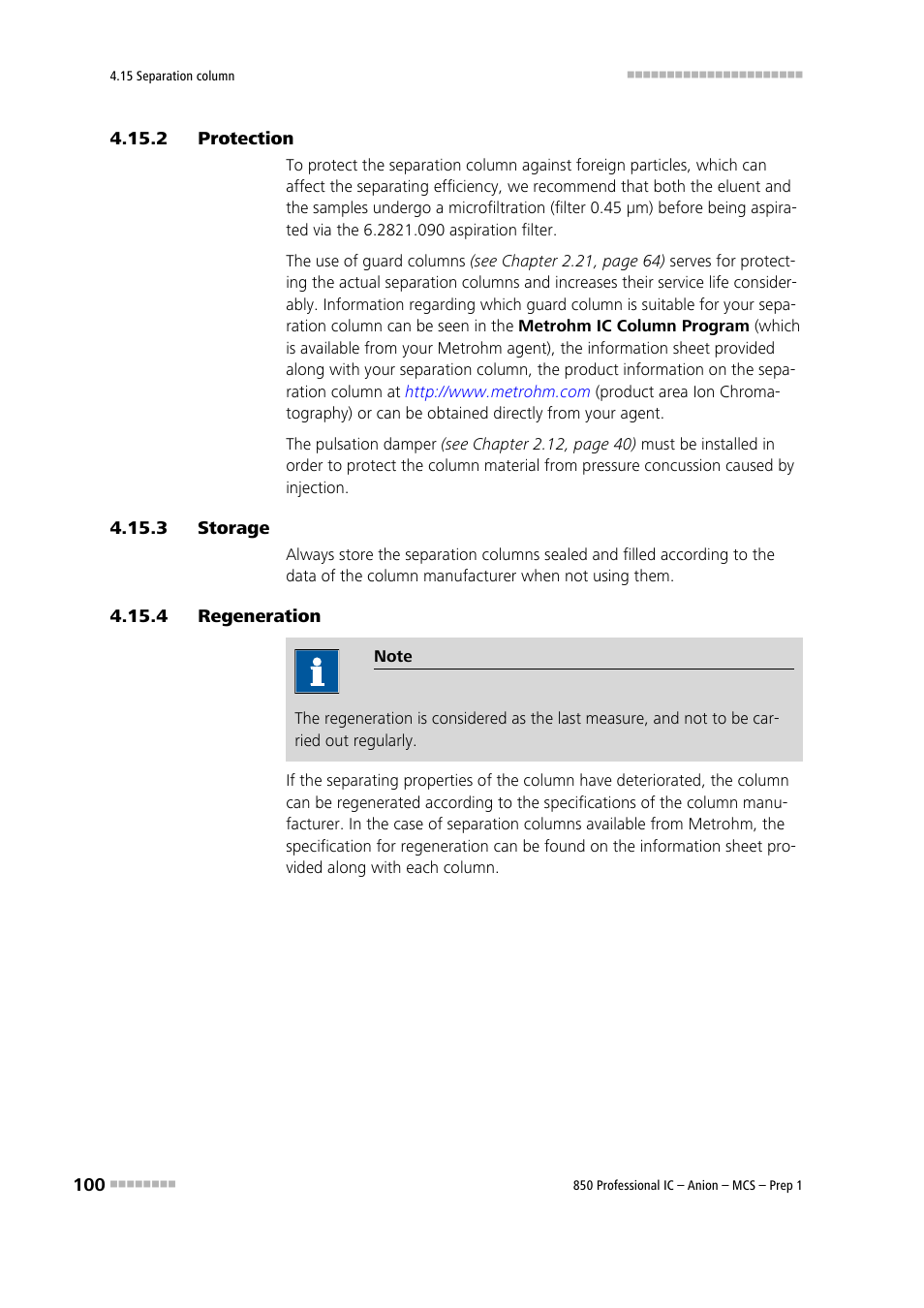 2 protection, 3 storage, 4 regeneration | Protection, Storage, Regeneration | Metrohm 850 Professional IC Anion MCS Prep 1 User Manual | Page 110 / 145