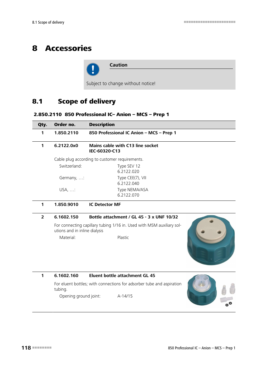 8 accessories, 1 scope of delivery, Scope of delivery | Metrohm 850 Professional IC Anion MCS Prep 1 User Manual | Page 128 / 145