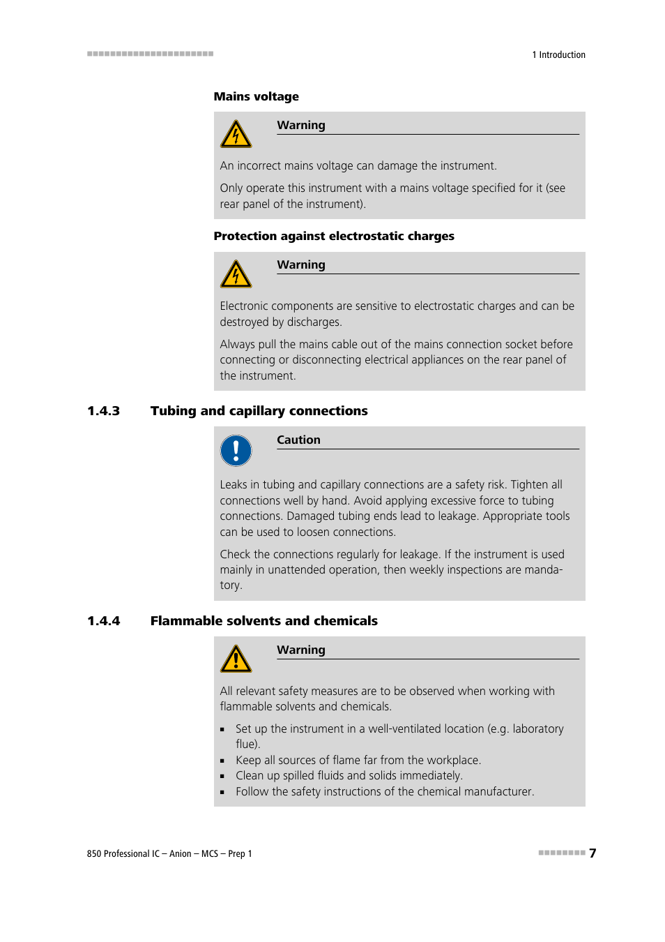 3 tubing and capillary connections, 4 flammable solvents and chemicals, Tubing and capillary connections | Flammable solvents and chemicals | Metrohm 850 Professional IC Anion MCS Prep 1 User Manual | Page 17 / 145