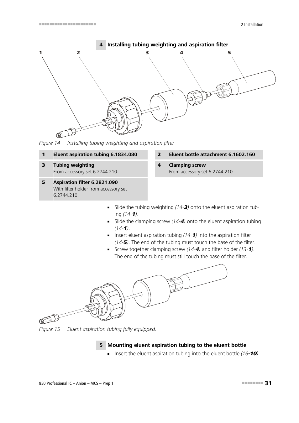 Figure 14, Installing tubing weighting and aspiration filter, Figure 15 | Eluent aspiration tubing fully equipped | Metrohm 850 Professional IC Anion MCS Prep 1 User Manual | Page 41 / 145