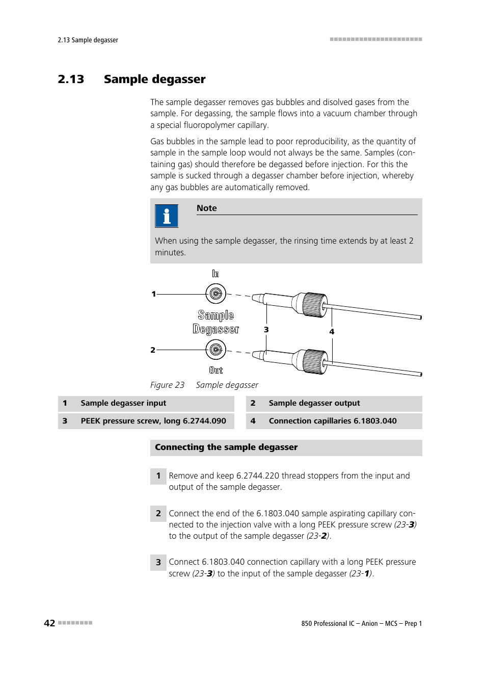 13 sample degasser, Figure 23, Sample degasser | See chapter 2.13 . use optional | Metrohm 850 Professional IC Anion MCS Prep 1 User Manual | Page 52 / 145