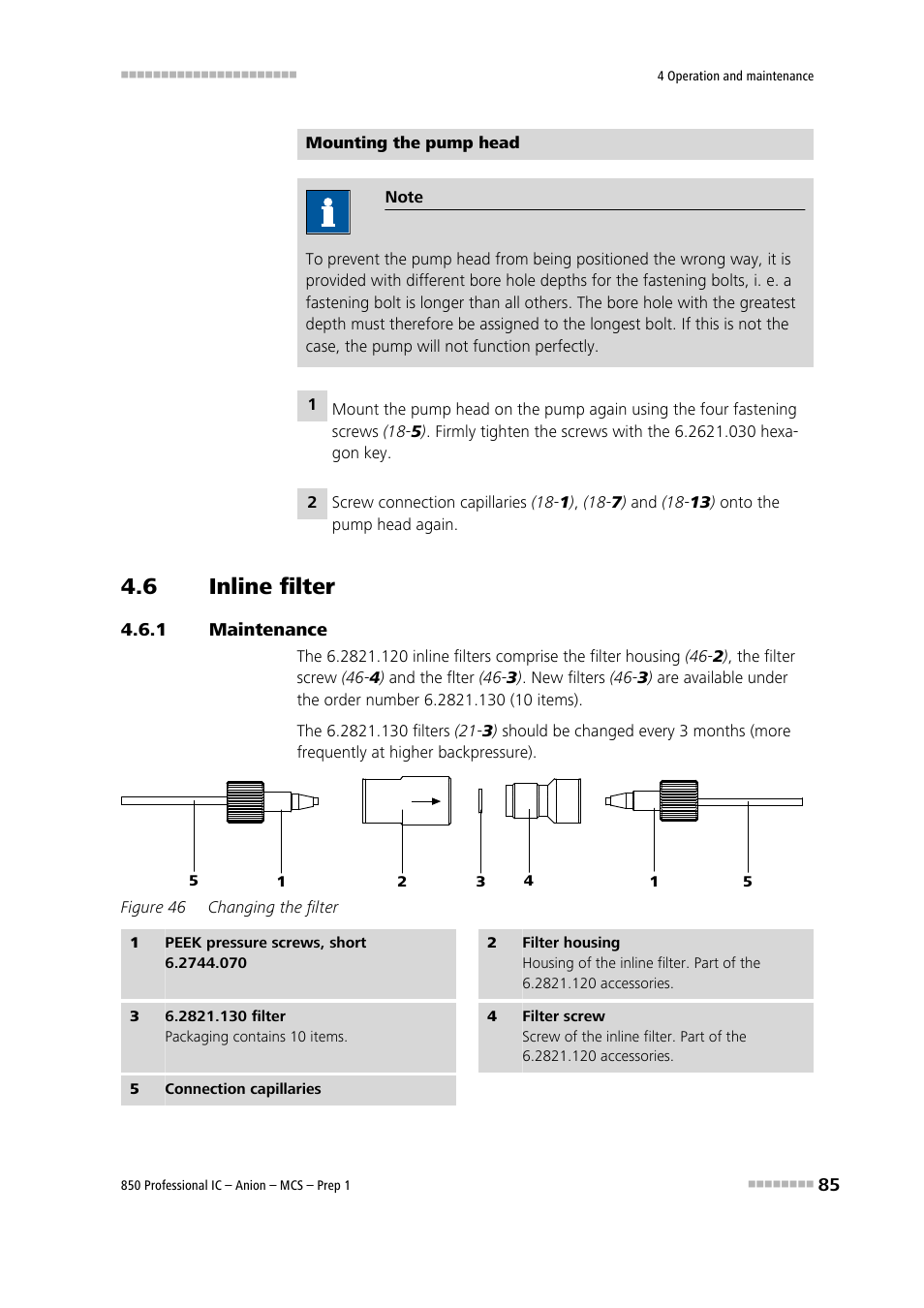 6 inline filter, 1 maintenance, Inline filter | Maintenance, Figure 46, Changing the filter | Metrohm 850 Professional IC Anion MCS Prep 1 User Manual | Page 95 / 145
