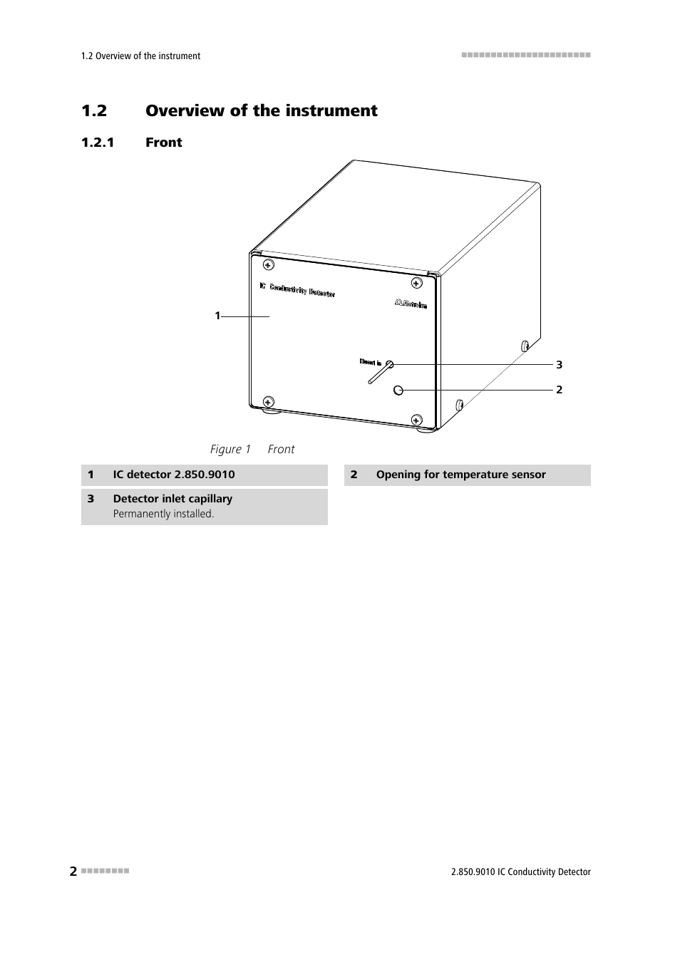 2 overview of the instrument, 1 front, Overview of the instrument | Front, Figure 1 | Metrohm 850 Professional IC Detector - iDetector User Manual | Page 10 / 30
