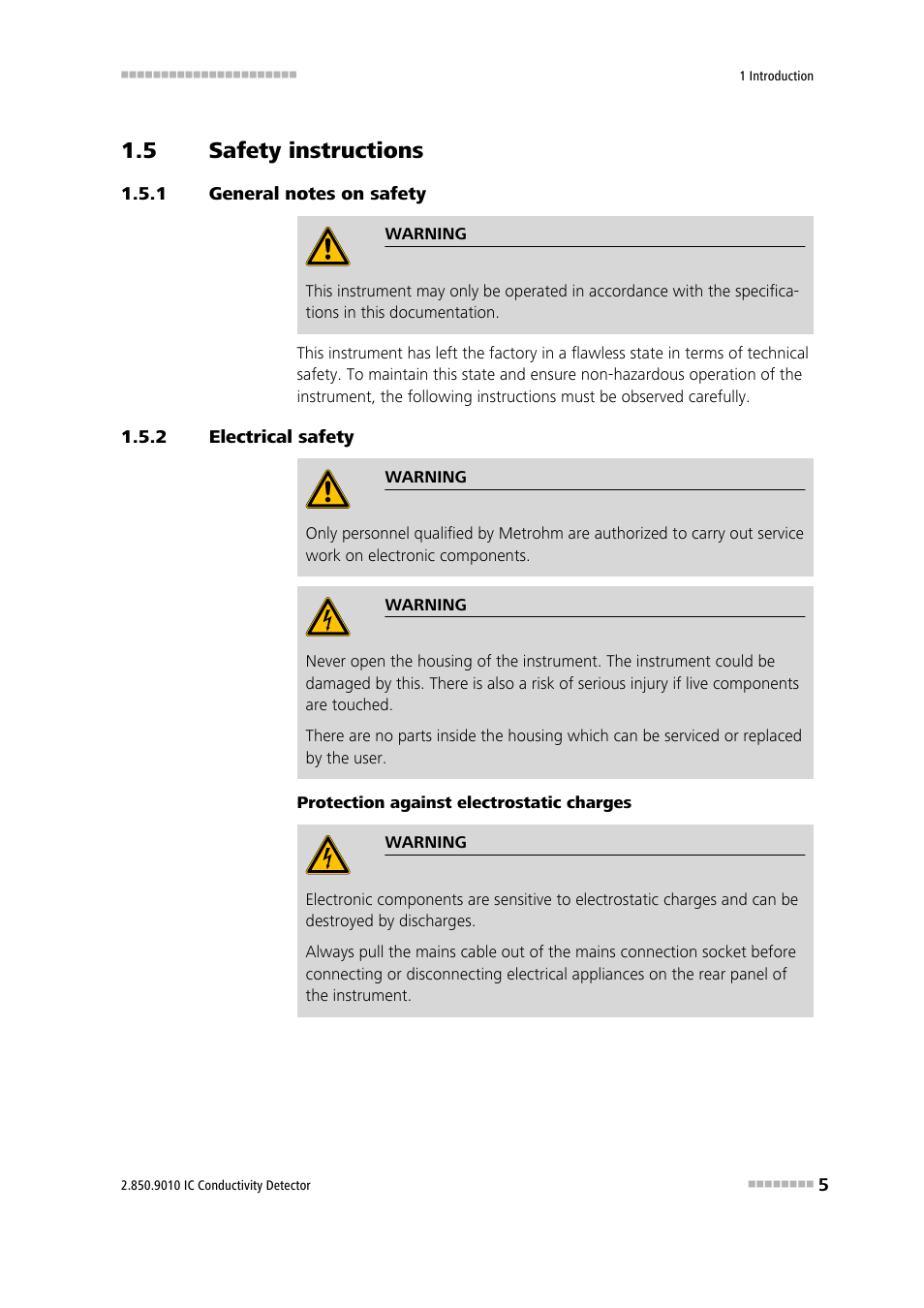 5 safety instructions, 1 general notes on safety, 2 electrical safety | Safety instructions, General notes on safety, Electrical safety | Metrohm 850 Professional IC Detector - iDetector User Manual | Page 13 / 30