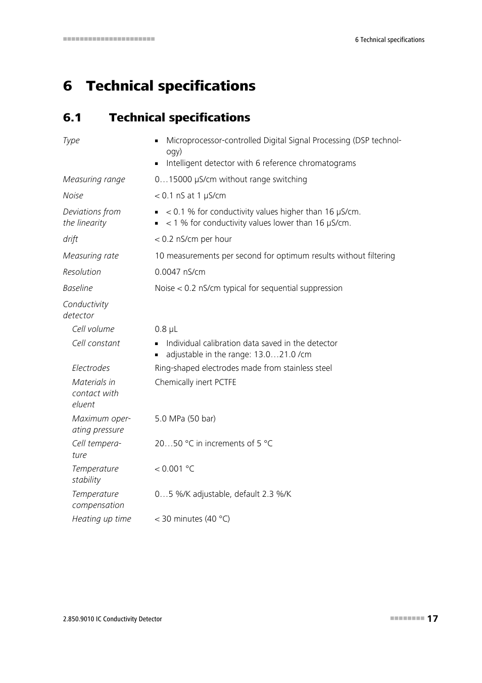 6 technical specifications, 1 technical specifications, Technical specifications | Metrohm 850 Professional IC Detector - iDetector User Manual | Page 25 / 30