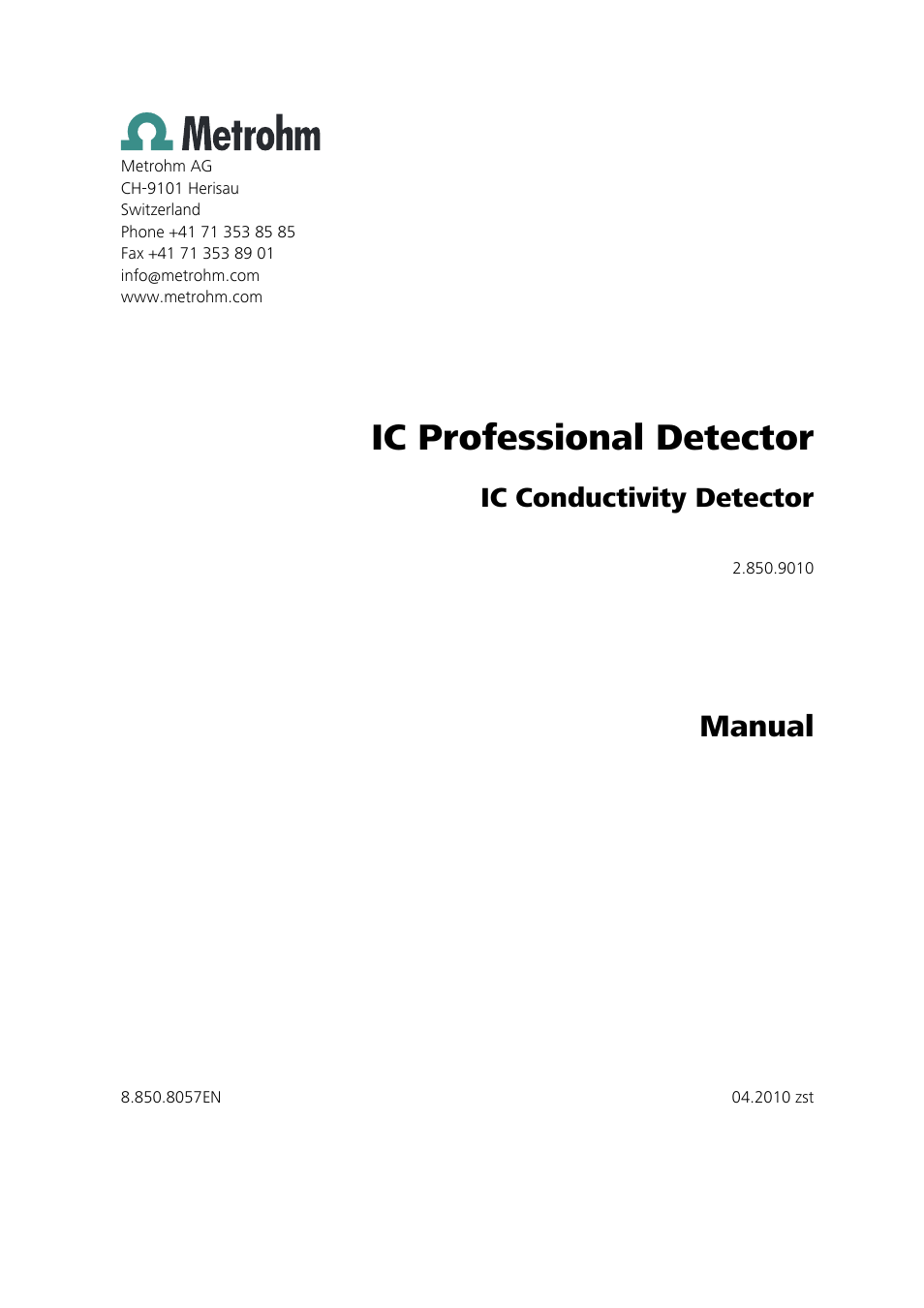 Ic professional detector, Manual, Ic conductivity detector | Metrohm 850 Professional IC Detector - iDetector User Manual | Page 3 / 30