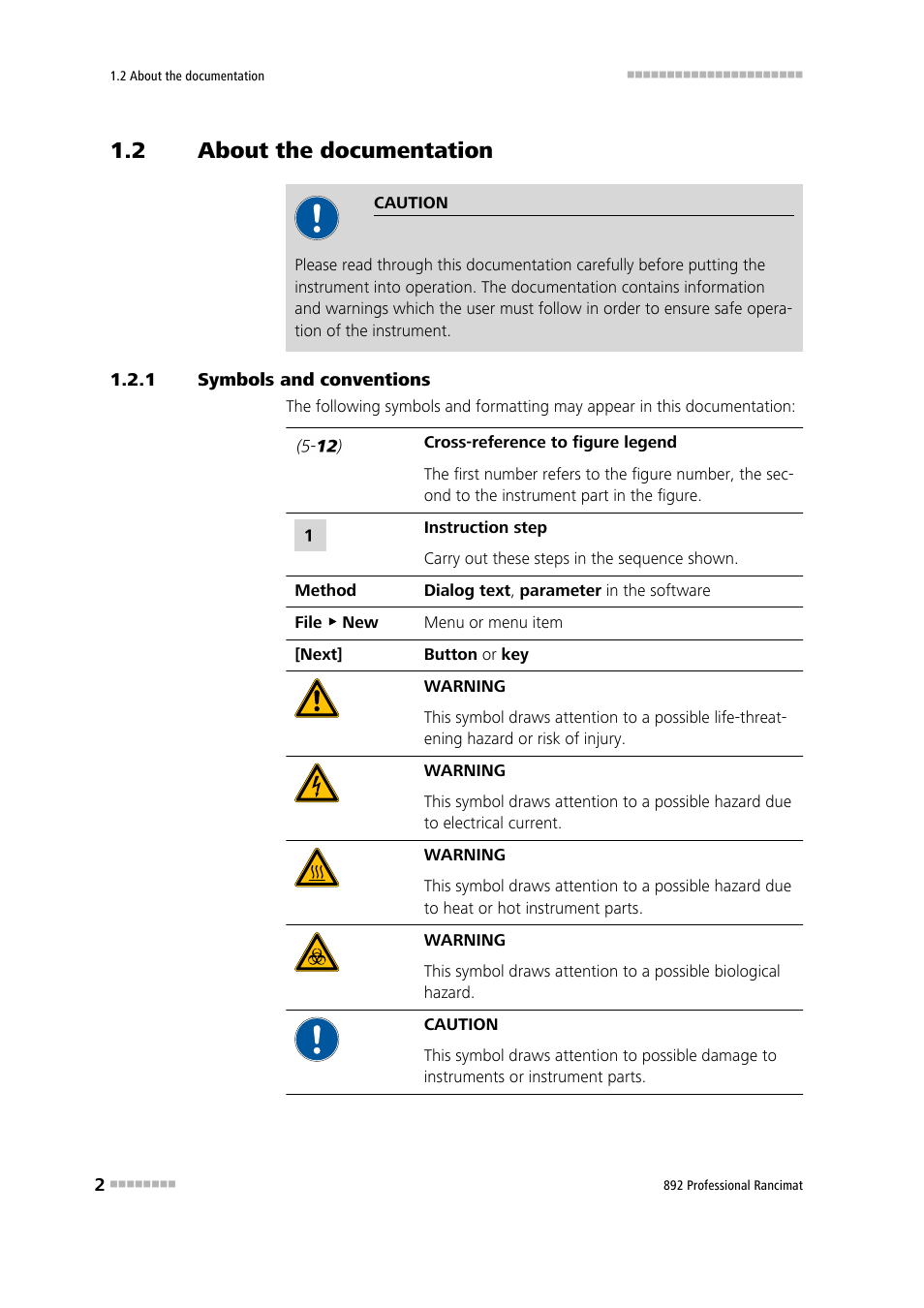 2 about the documentation, 1 symbols and conventions, About the documentation | Symbols and conventions | Metrohm 892 Professional Rancimat User Manual | Page 10 / 65
